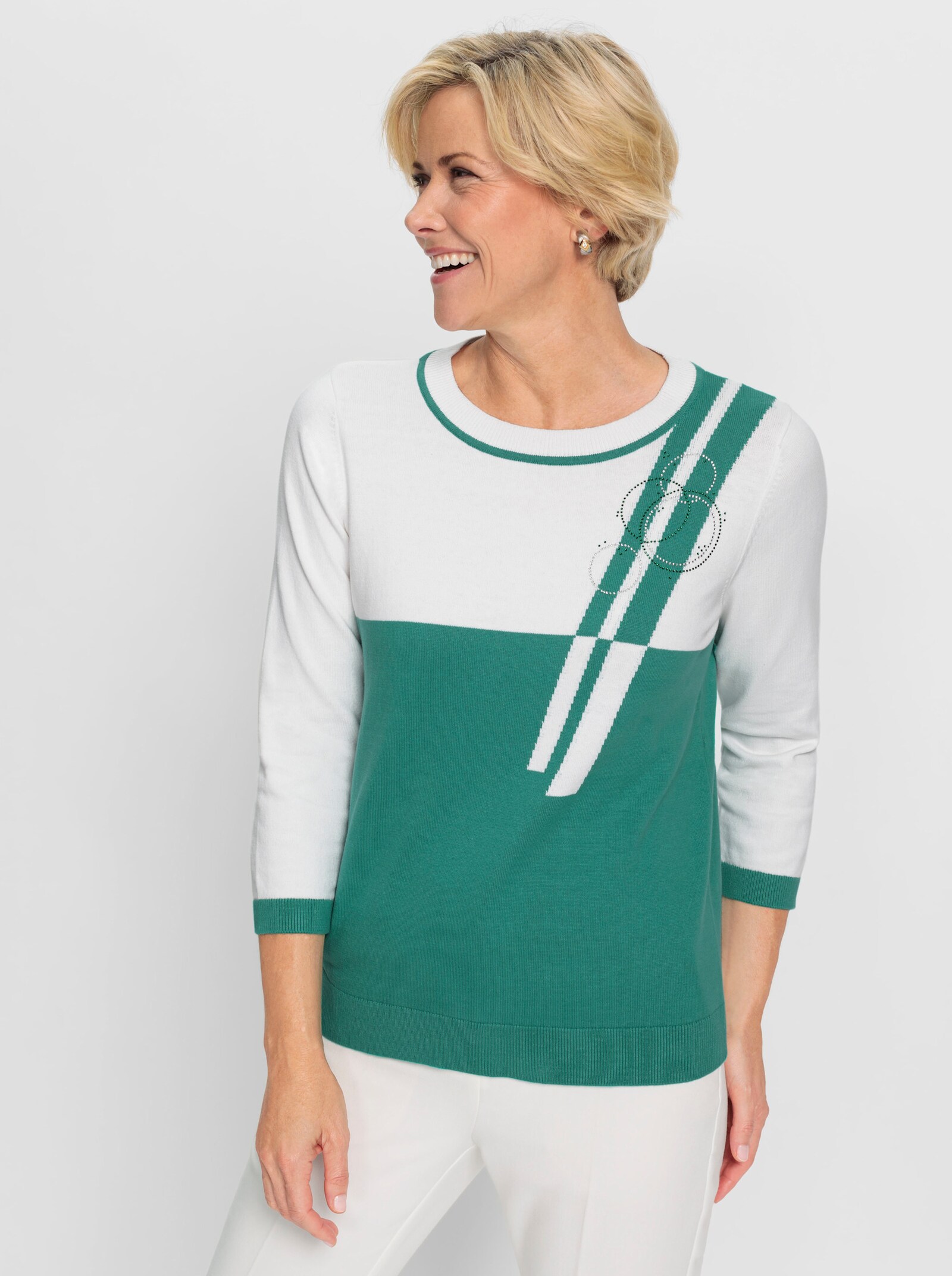 Rundhalspullover mit Dekosteinchen - smaragd-weiss