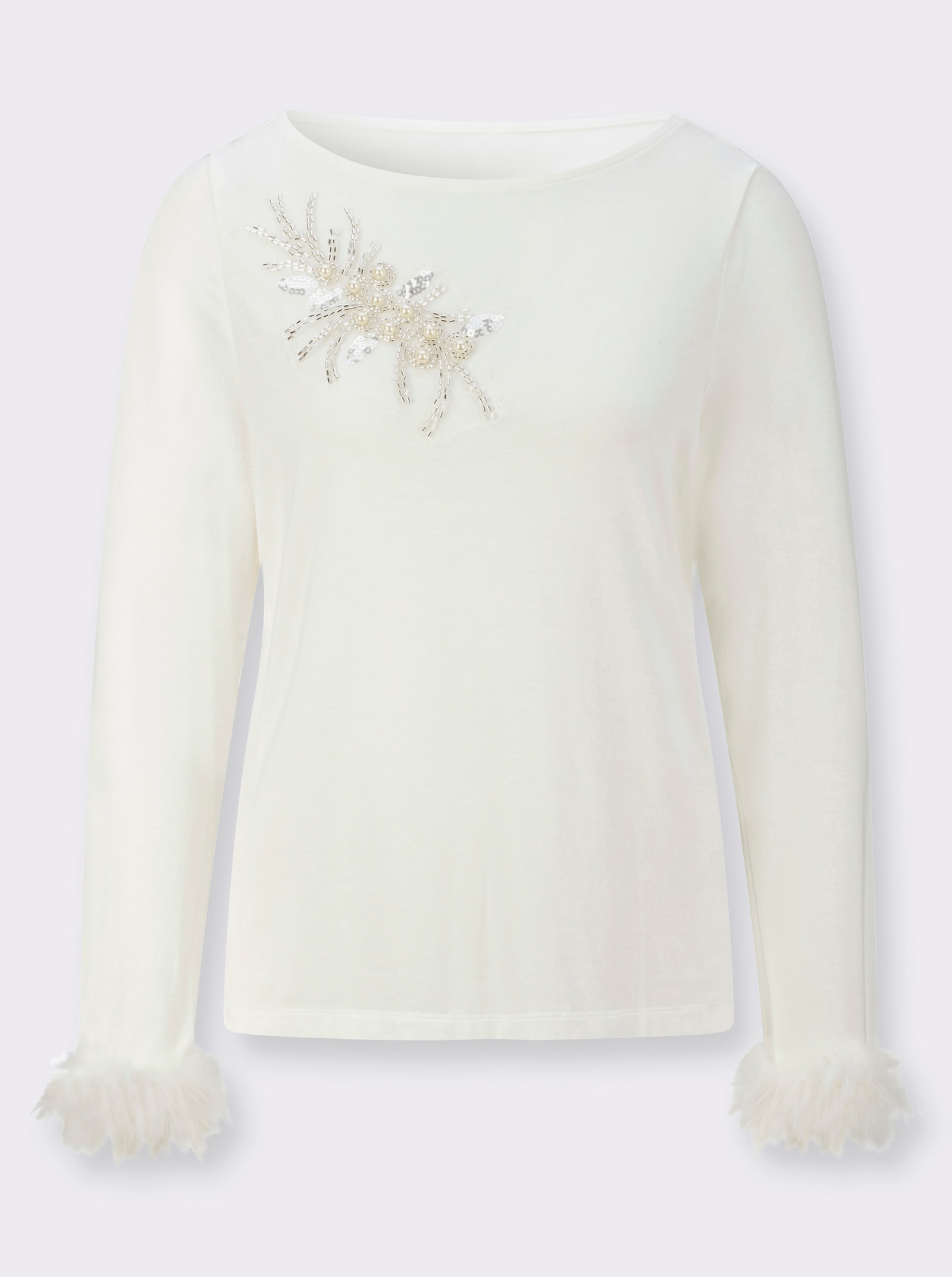 Langarmshirt mit Pailletten und Ziersteinchen - ecru