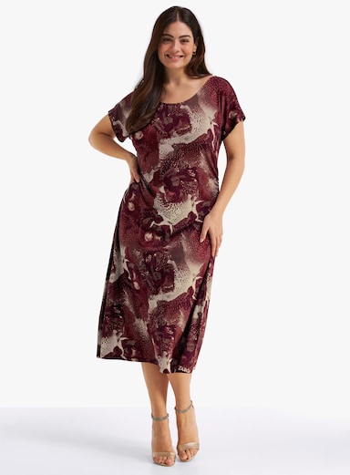 sheego Jerseykleid mit tiefem V-Ausschnitt hinten - schoko-apricot-bedruckt