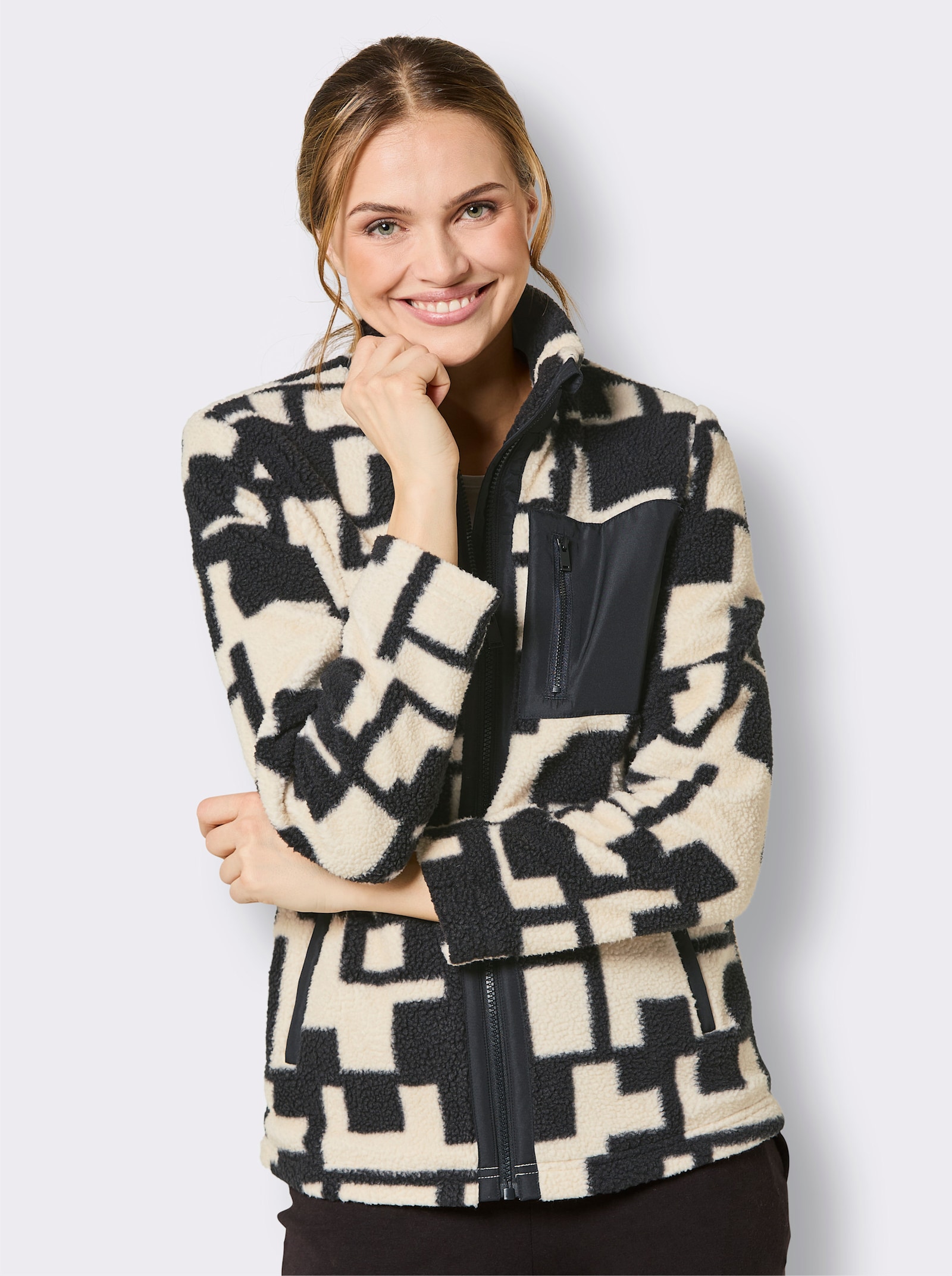 Catamaran Sports Teddy-Jacke mit 3 Reißverschluss-Taschen - schwarz-champagner-gemustert