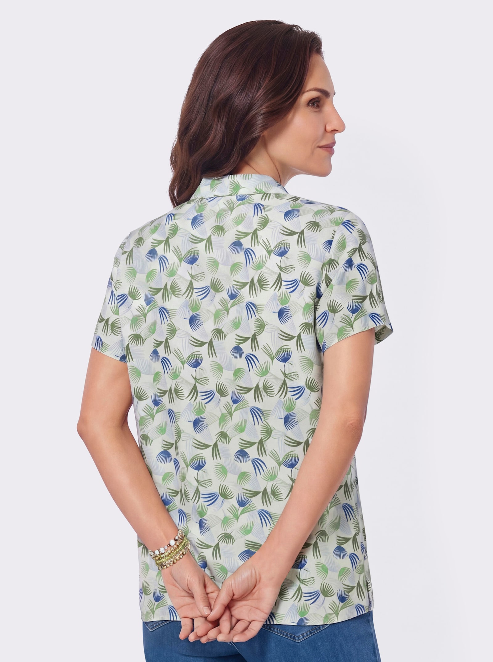 Druckbluse mit Seitenschlitzen - reseda-eisblau-bedruckt
