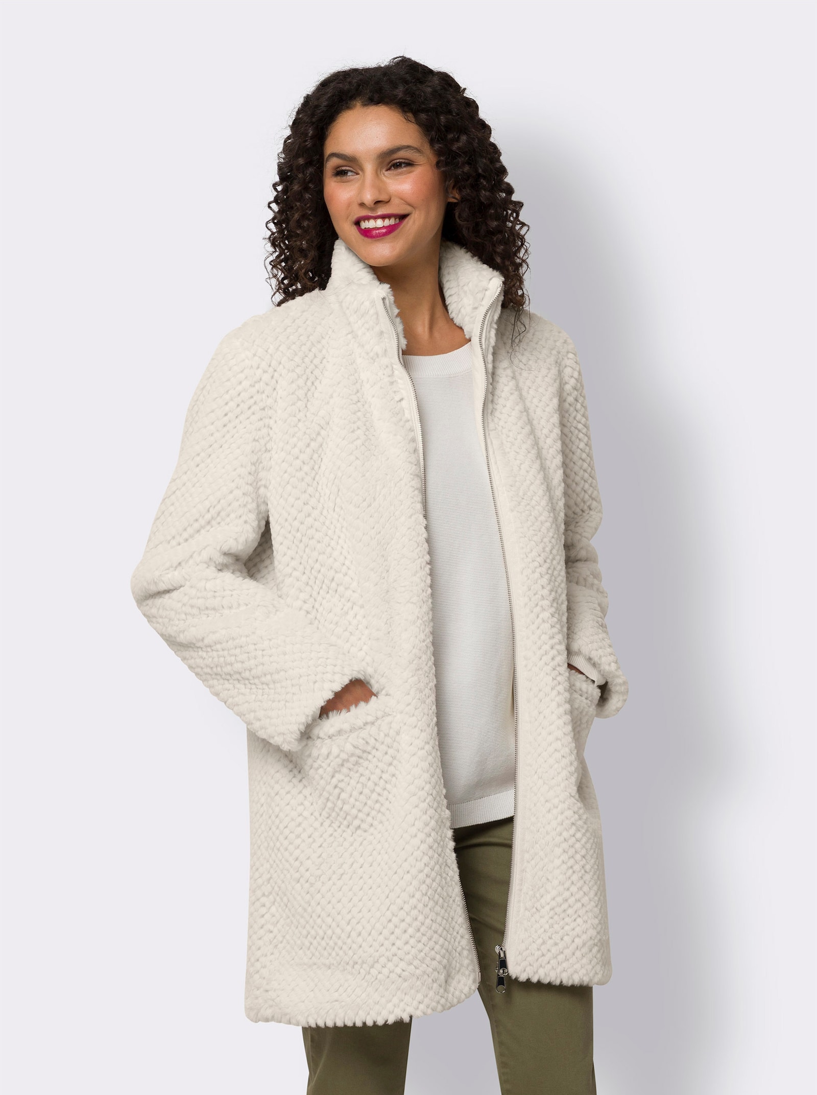 heine Fellimitatjacke mit 2-Wege-Zipper - ecru