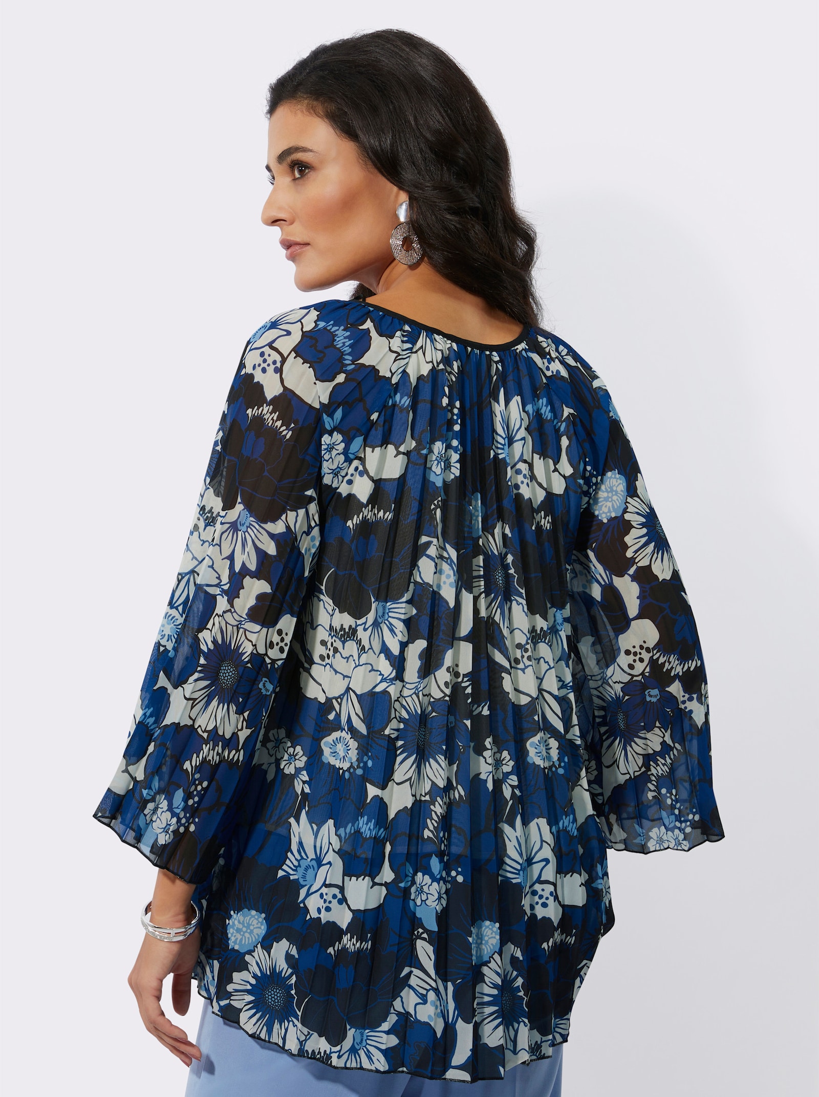 Tunika in edler Plissee-Qualität - royalblau-schwarz-bedruckt