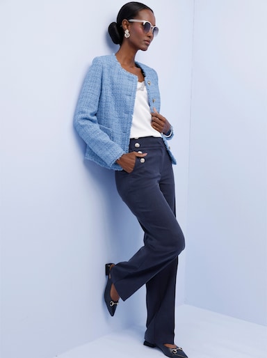 Bouclé-Blazer mit feinen Fransenkanten - himmelblau