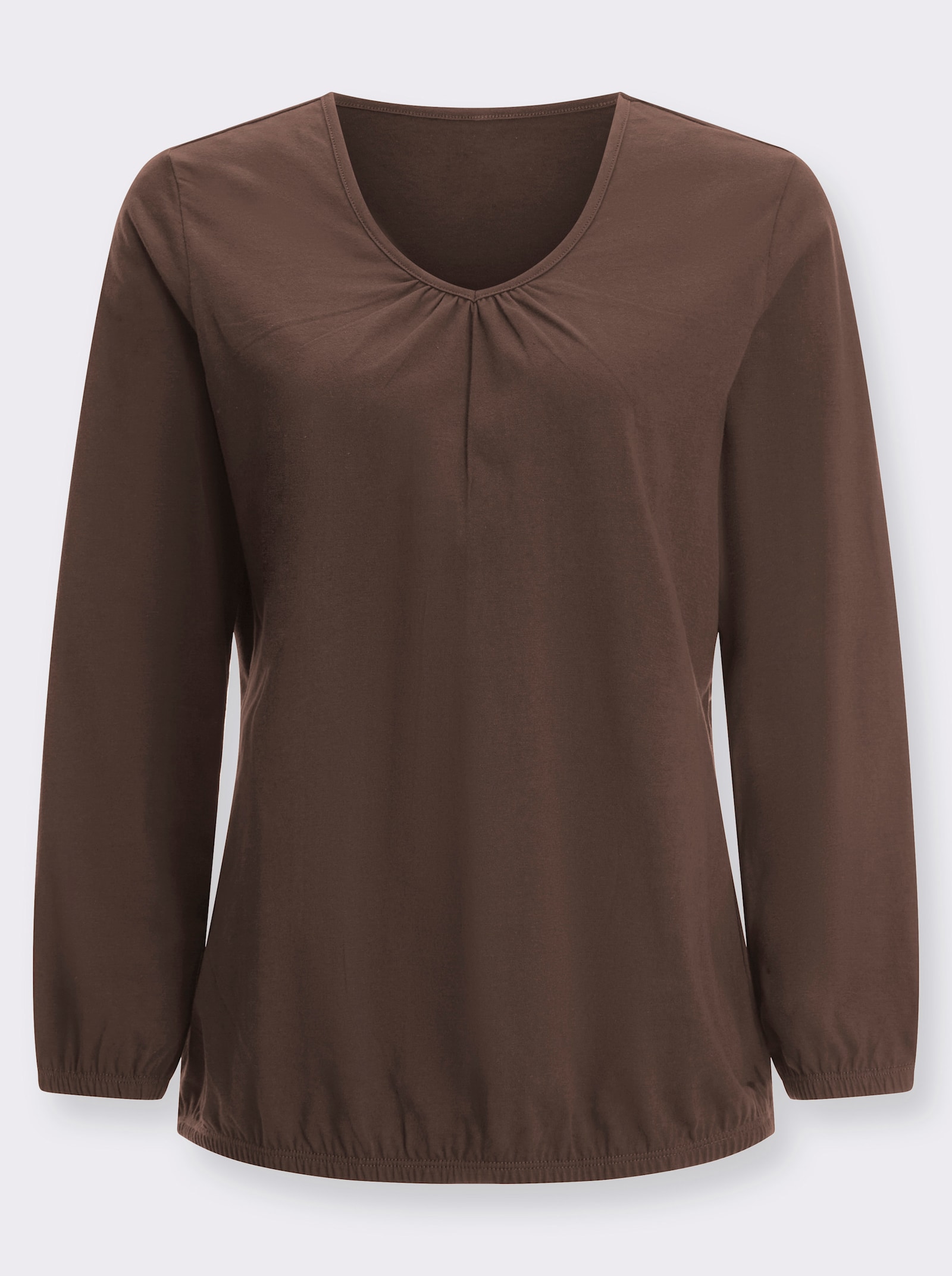 Langarmshirt mit Raffung am Ausschnitt - schoko