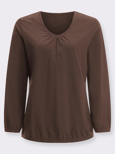 Langarmshirt mit Raffung am Ausschnitt - schoko