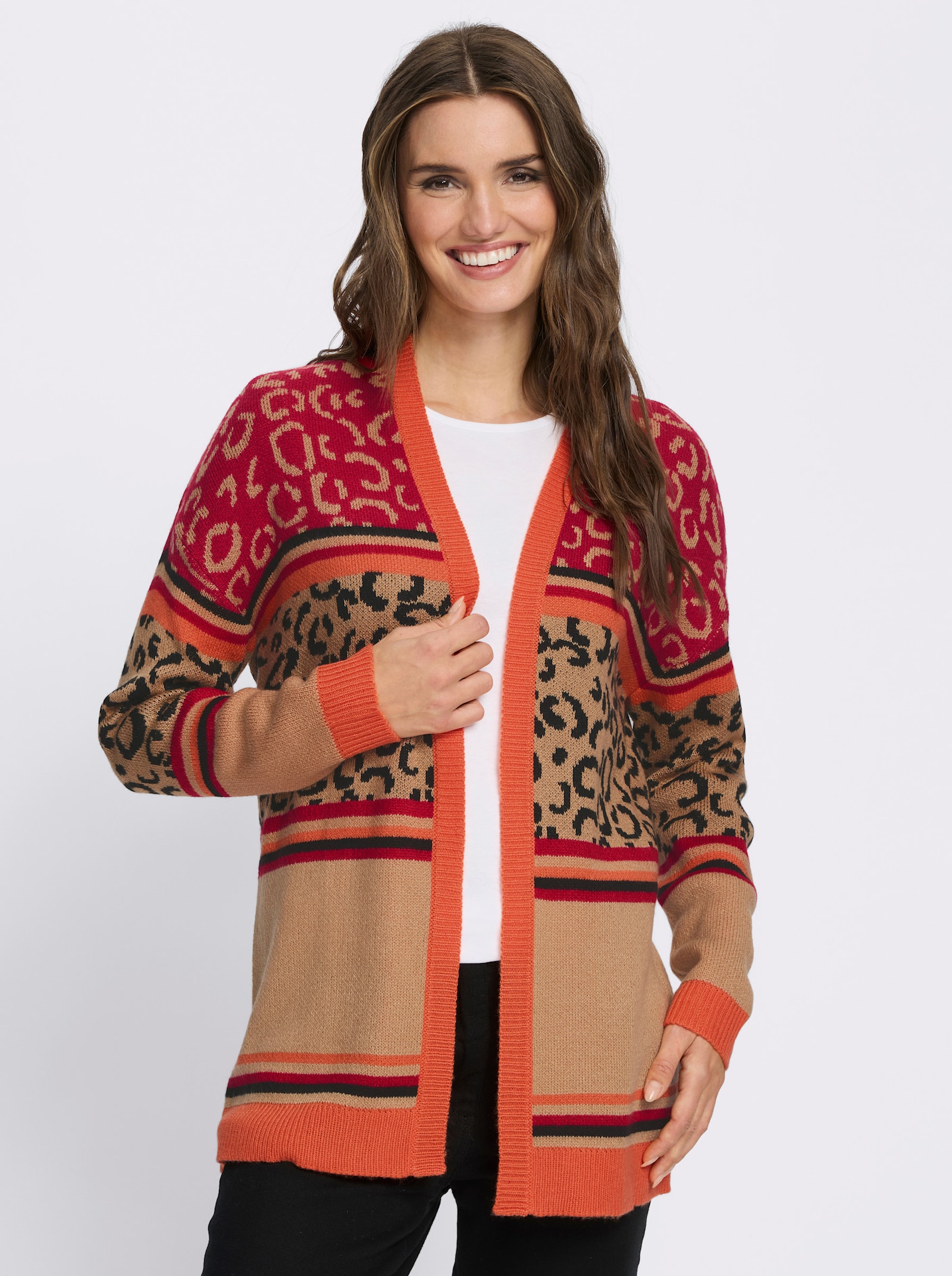 Longstrickjacke mit Leo-Muster und Streifen - camel-orange-gemustert