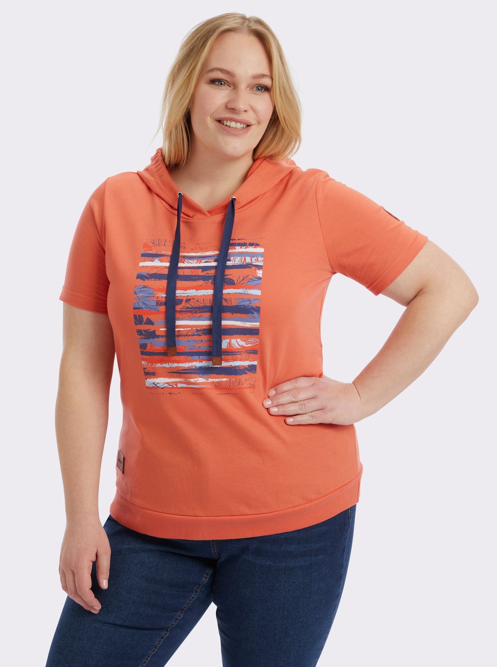 Sweatshirt mit Kapuze - papaya-dunkelblau-bedruckt