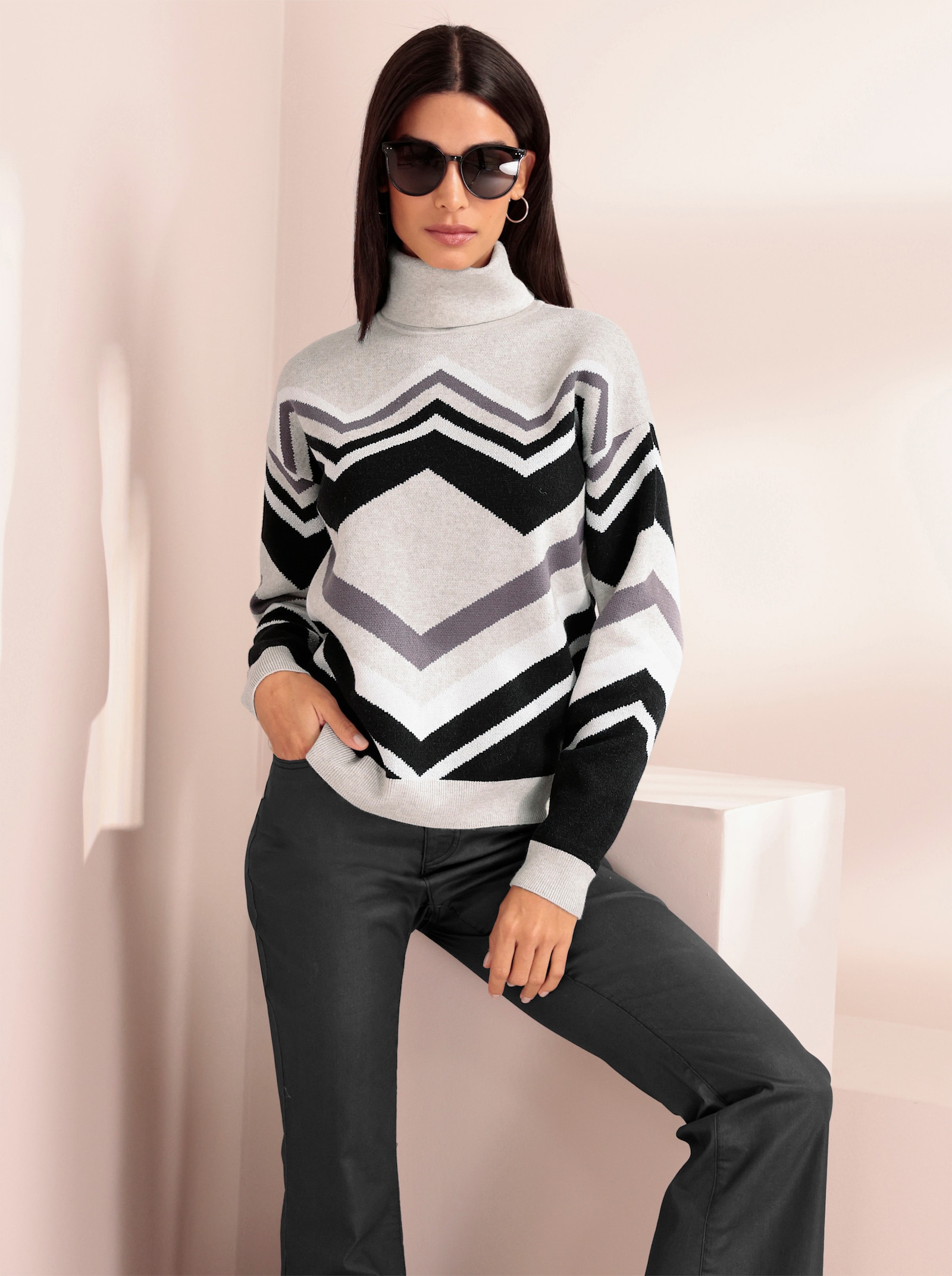 heine Rollkragenpullover mit Effektgarn - hellgrau-schwarz-gemustert