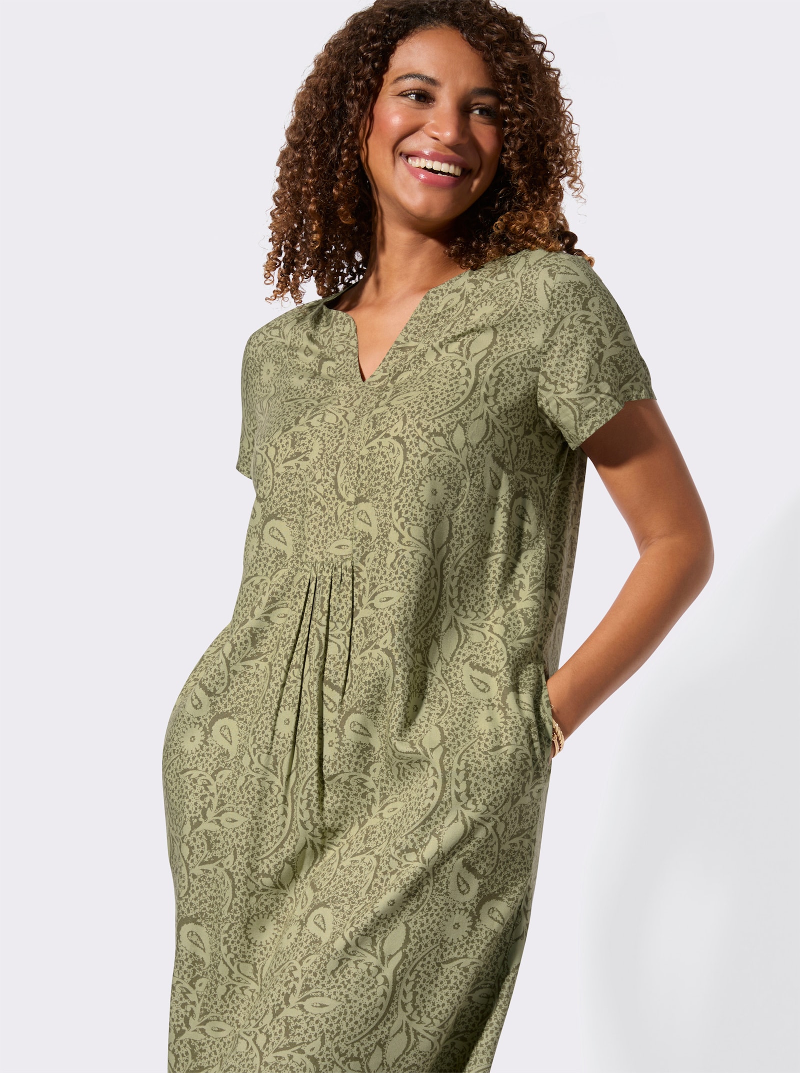 Webkleid in A-Form - schilf-khaki-bedruckt