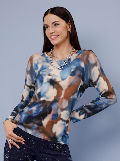 Langarm-Pullover im farbharmonischen Blumenmuster - champagner-marine-bedruckt