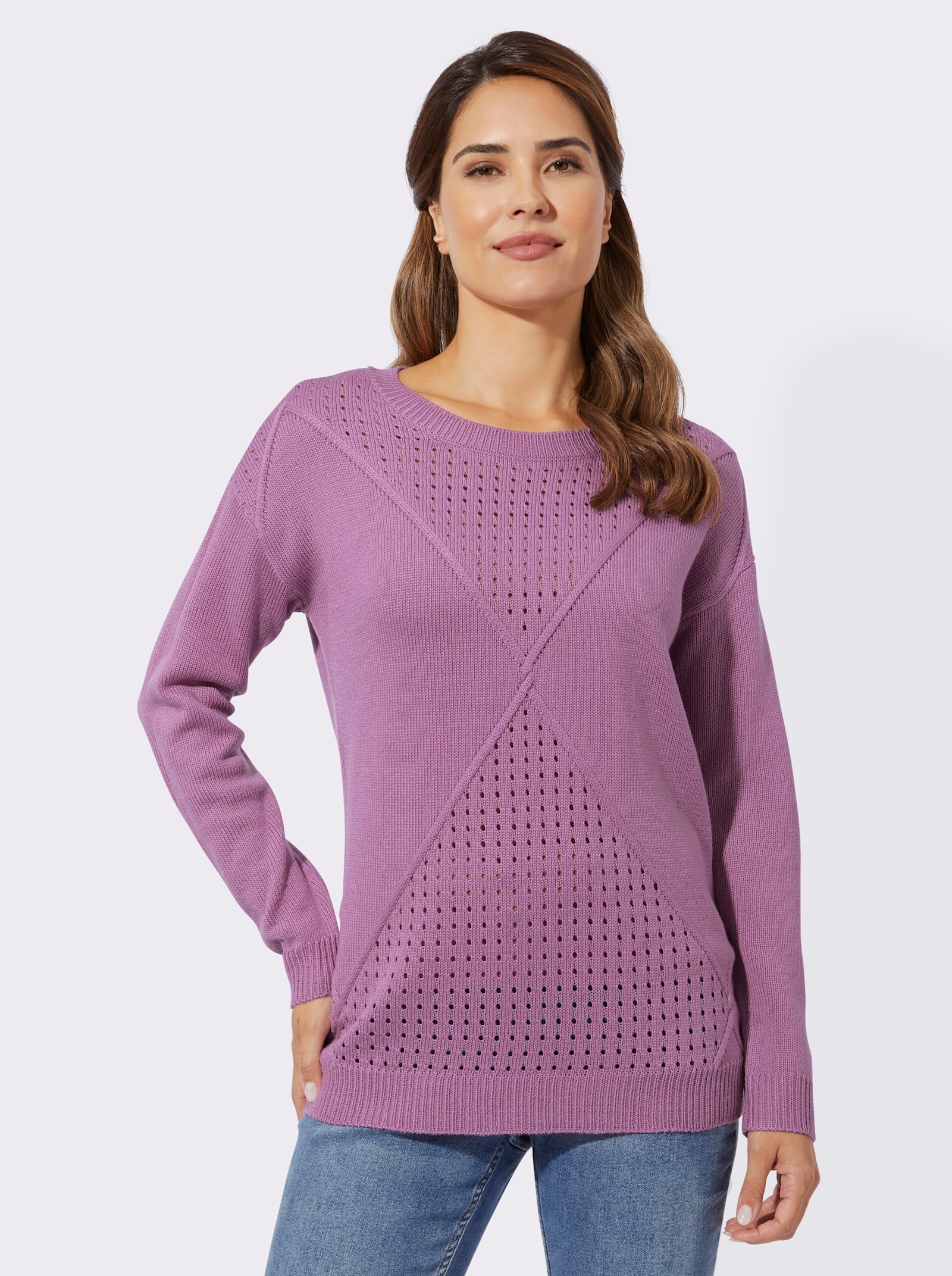 Pullover met lange mouwen en ajourpatronen - orchidee