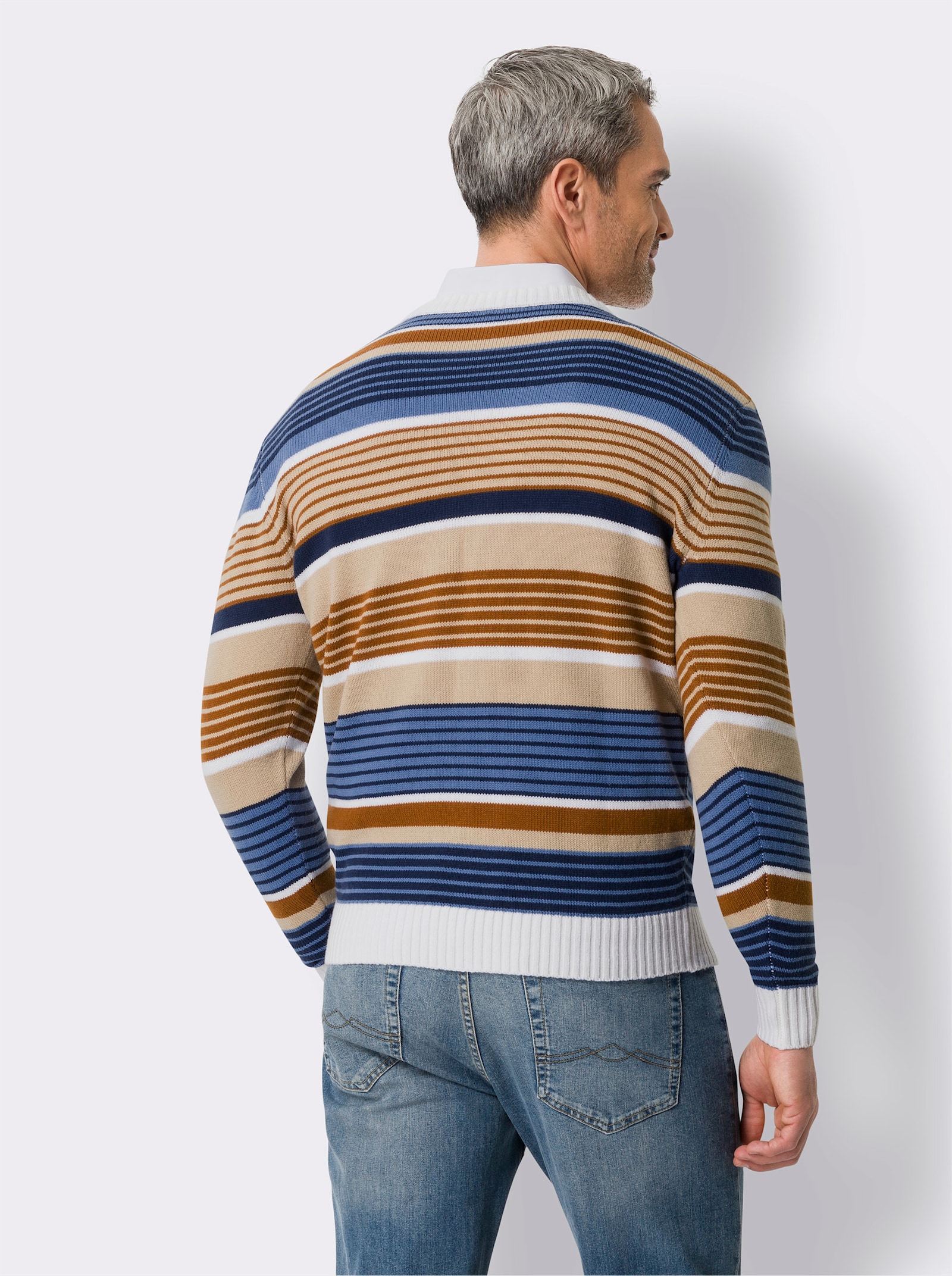 V-Ausschnitt-Pullover mit Ringel-Muster - beige-mittelblau-gemustert