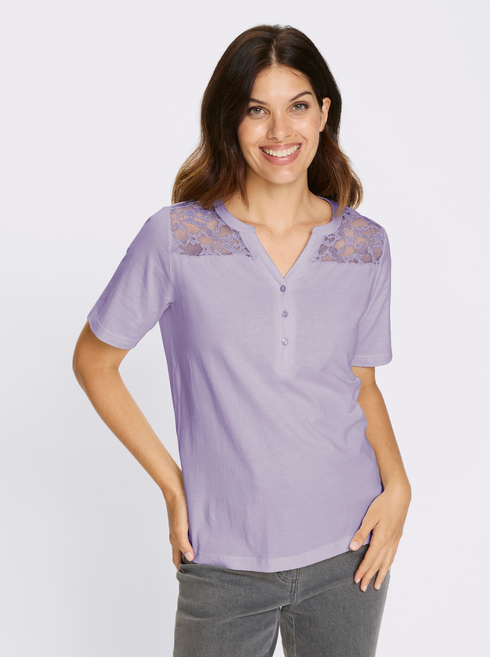 Kurzarmshirt mit Spitzen-Einsatz - flieder