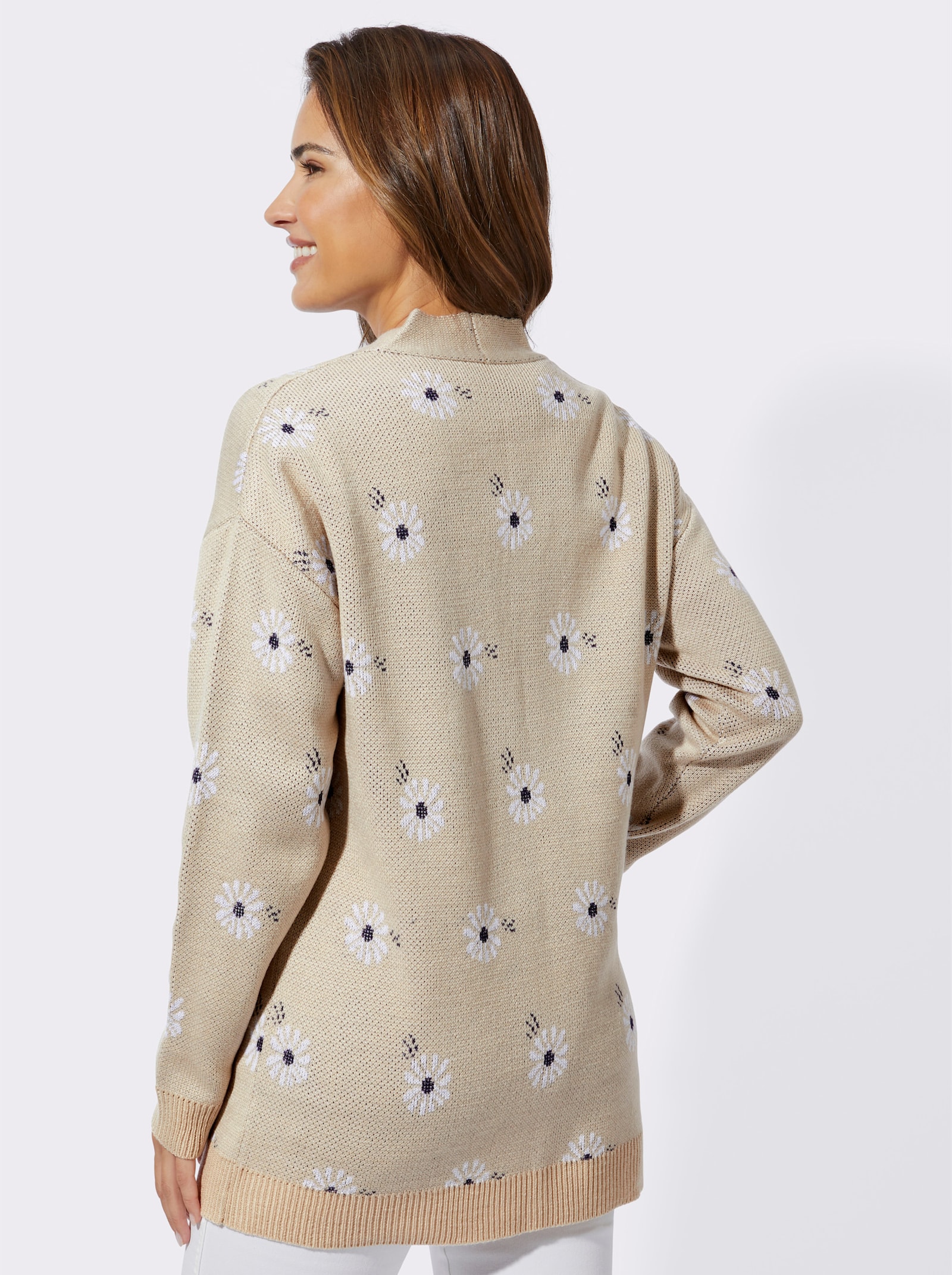 Lang vest met jacquard-margrietpatroon - wit/marine gedessineerd