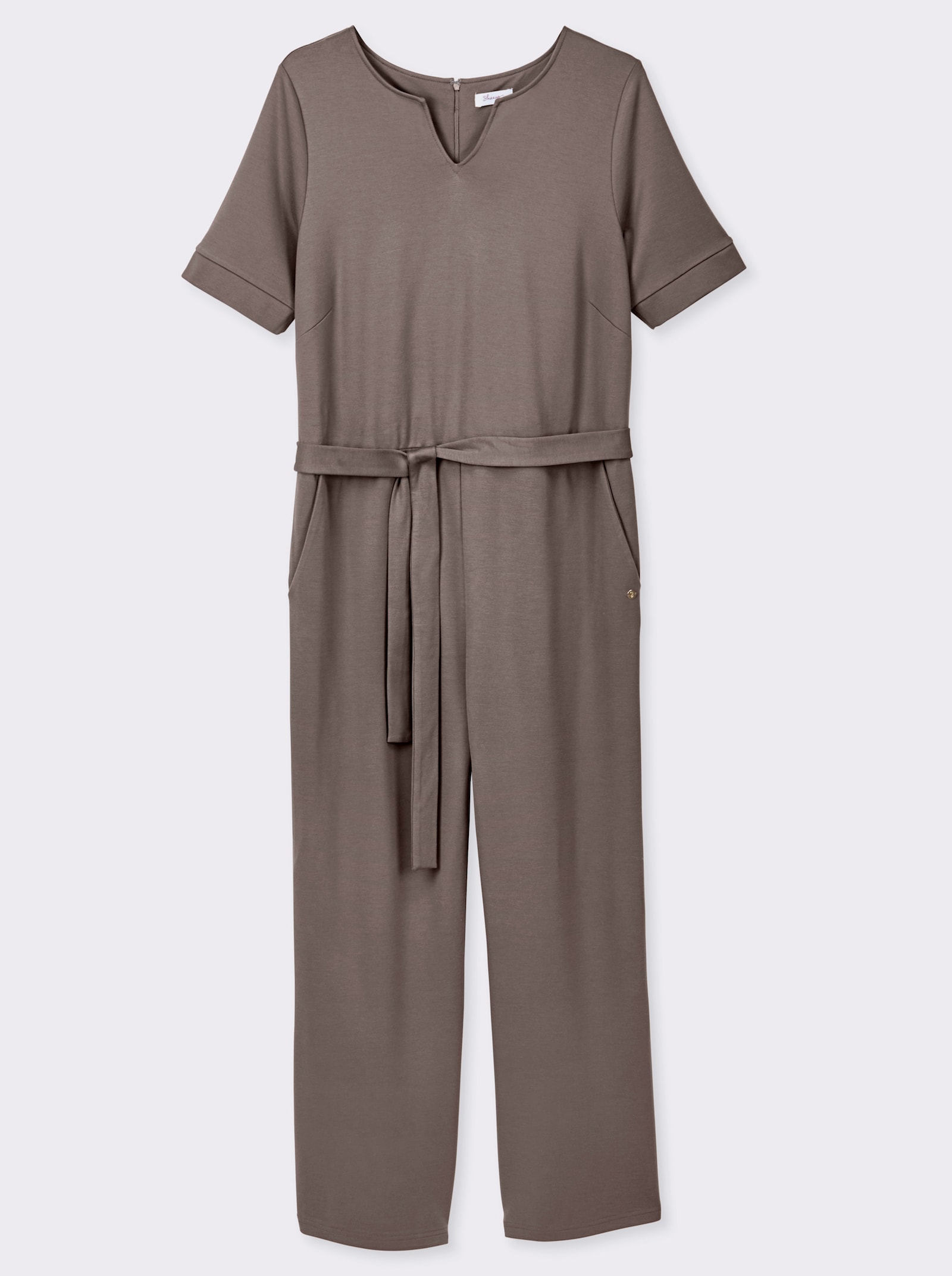 sheego Jumpsuit mit Bindegürtel - dunkeltaupe