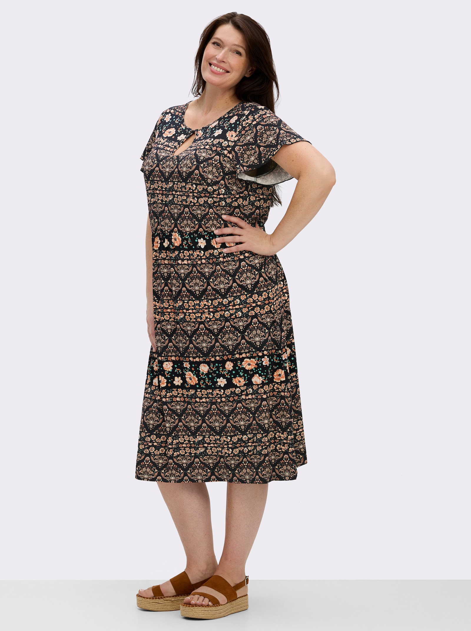 Jerseykleid mit Gummizug auf Taillenhöhe - papaya-schwarz-bedruckt