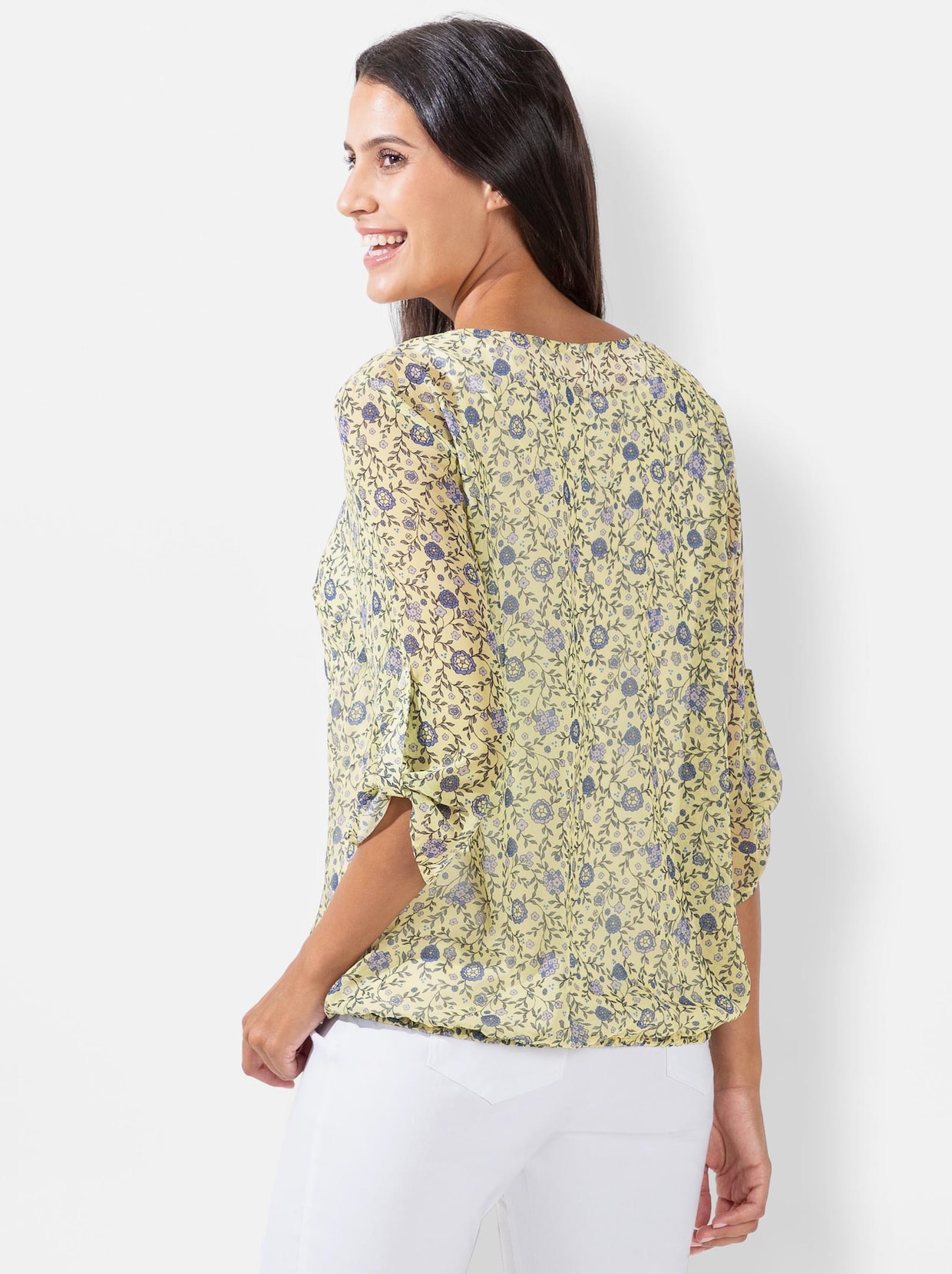Comfortabele blouse - citroen/jeansblauw bedrukt