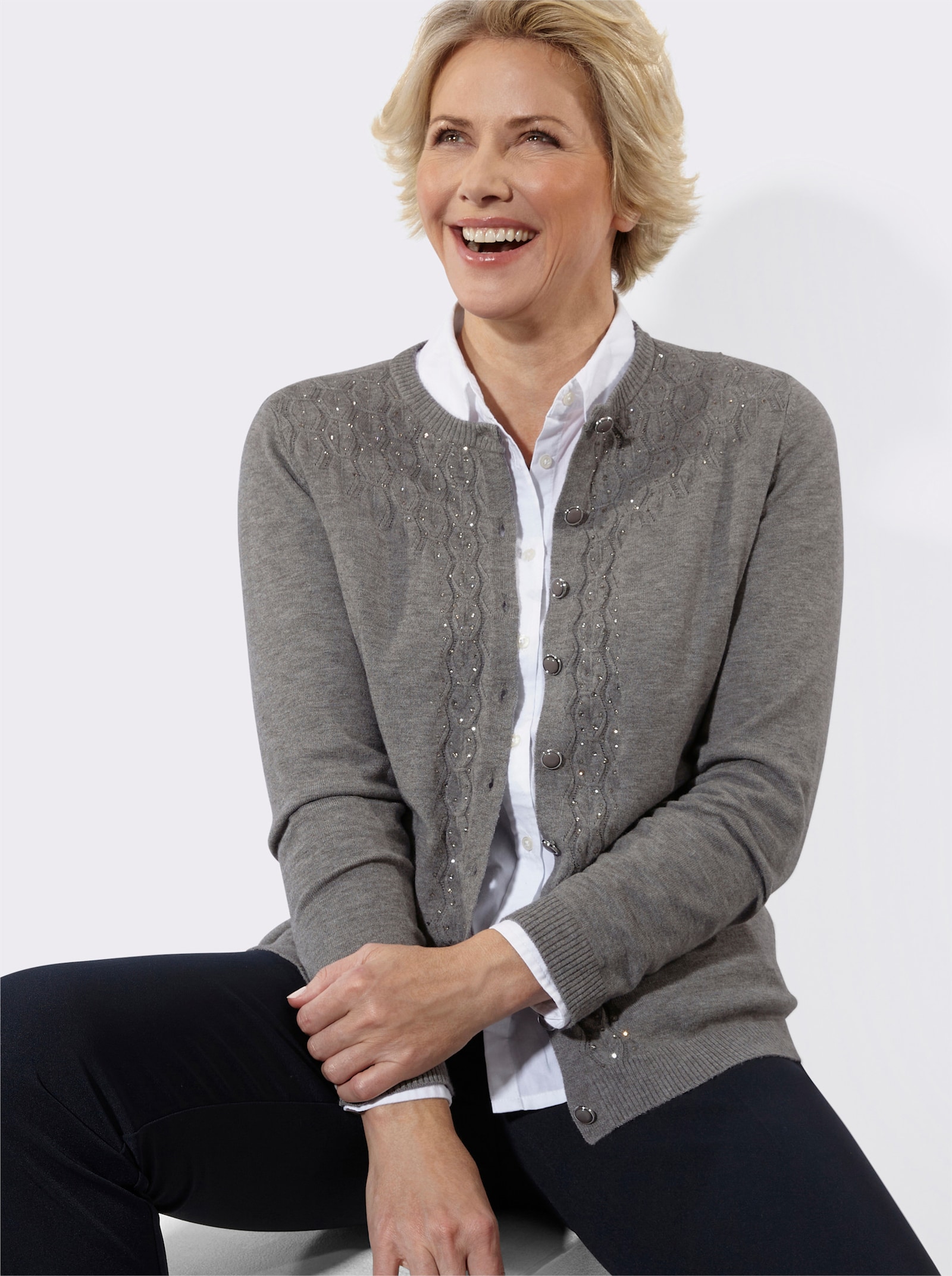 Strickjacke mit Ajourmuster und Glitzersteinchen - grau-meliert