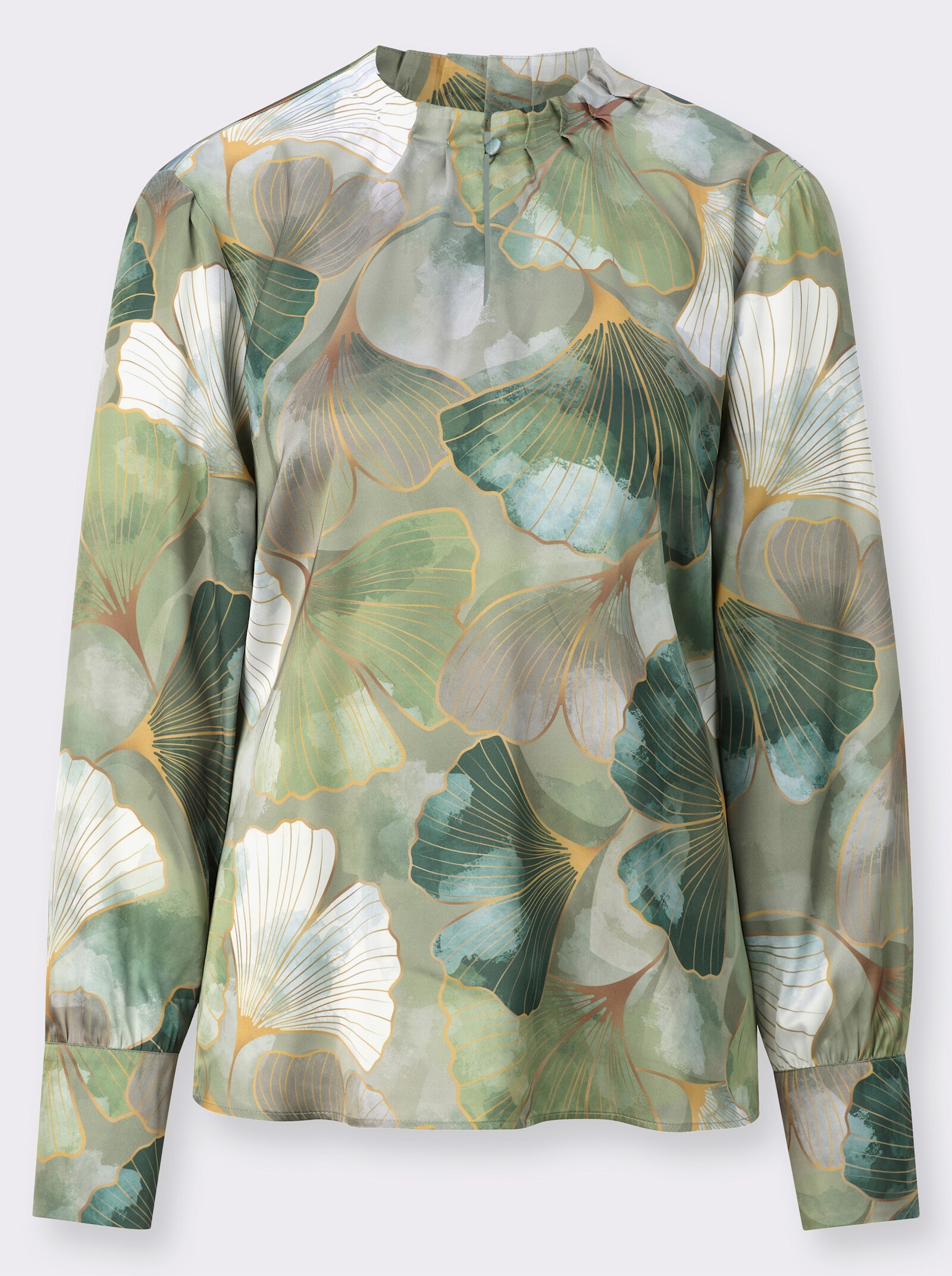 Satinbluse mit Digital-Druck - khaki-schilf-bedruckt