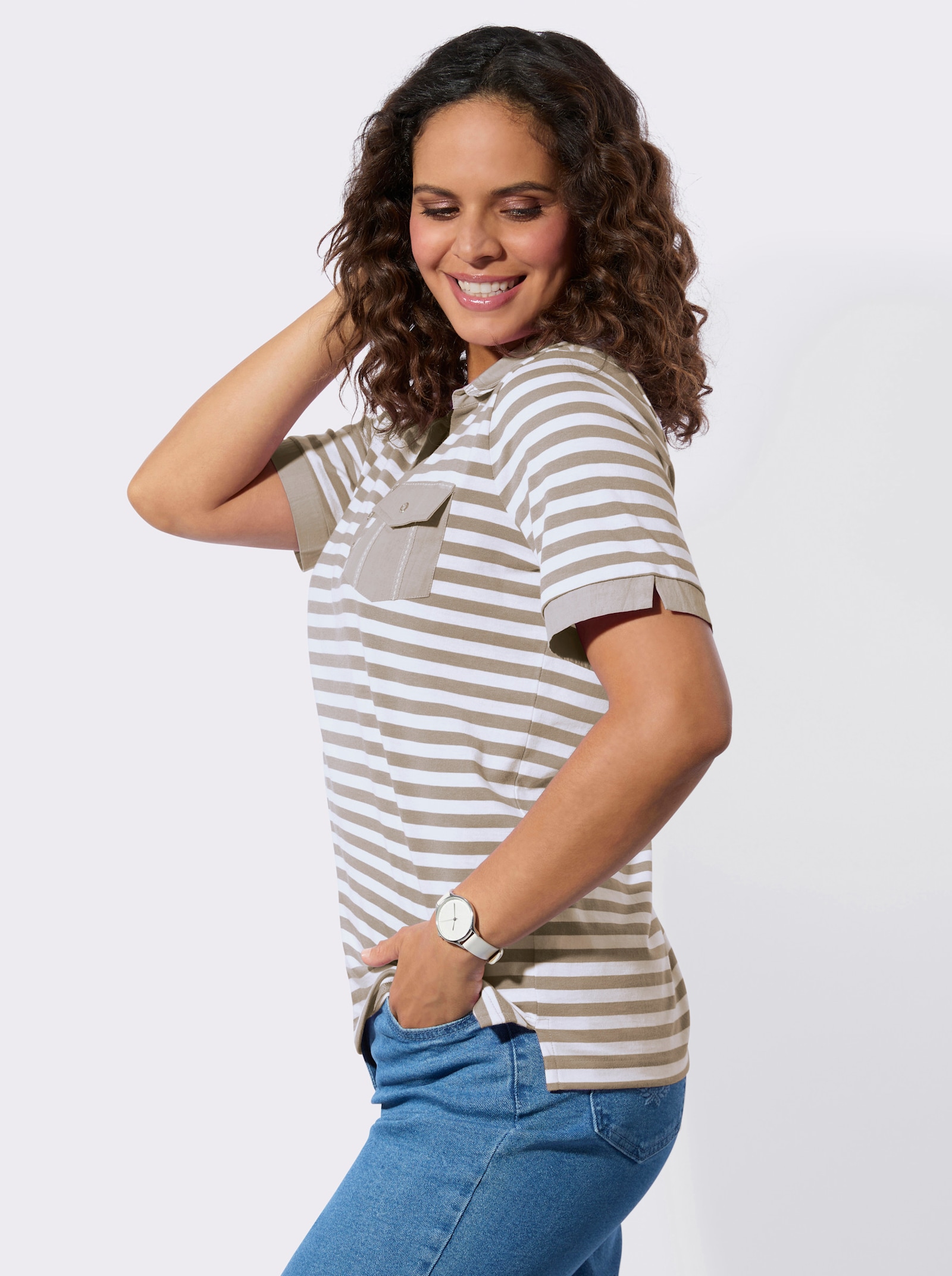 Poloshirt mit Ösen-Verzierung - sesam-weiss-geringelt