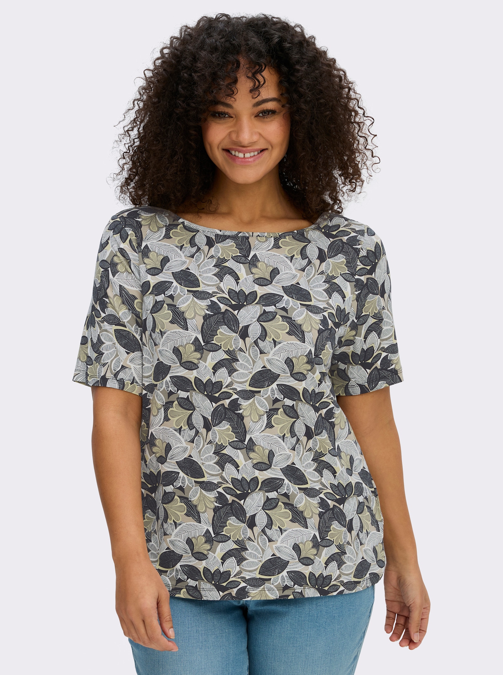 Print-Shirt mit paspeliertem U-Boot-Ausschnitt - khaki-lindgrün-bedruckt