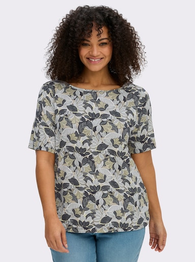 Print-Shirt mit paspeliertem U-Boot-Ausschnitt - khaki-lindgrün-bedruckt