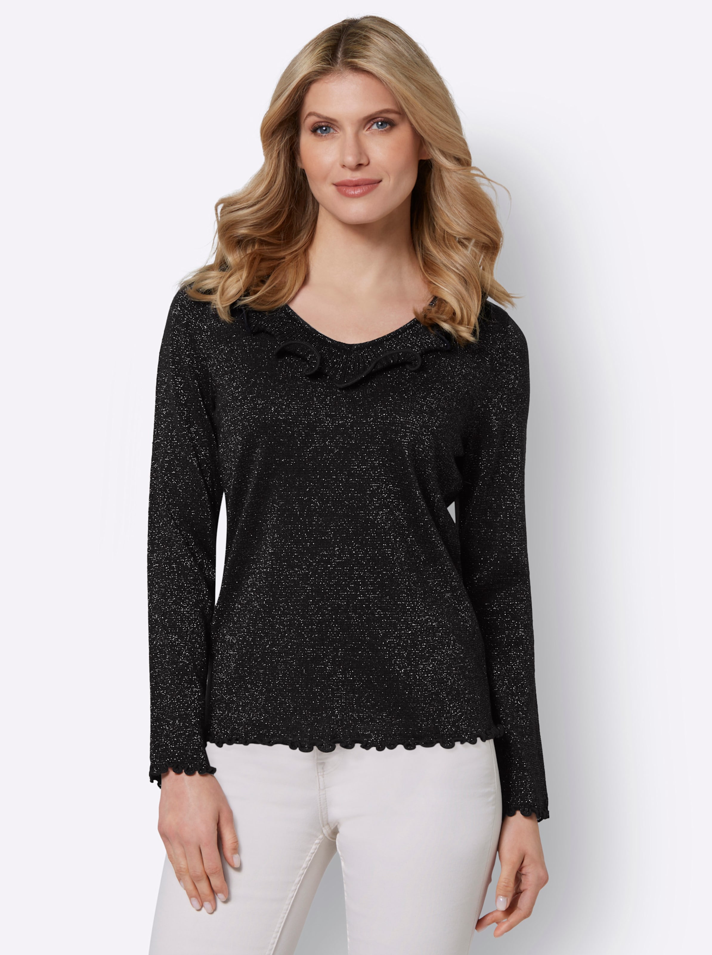Witt Damen Langarm-Pullover mit gewellten Abschlüssen, schwarz