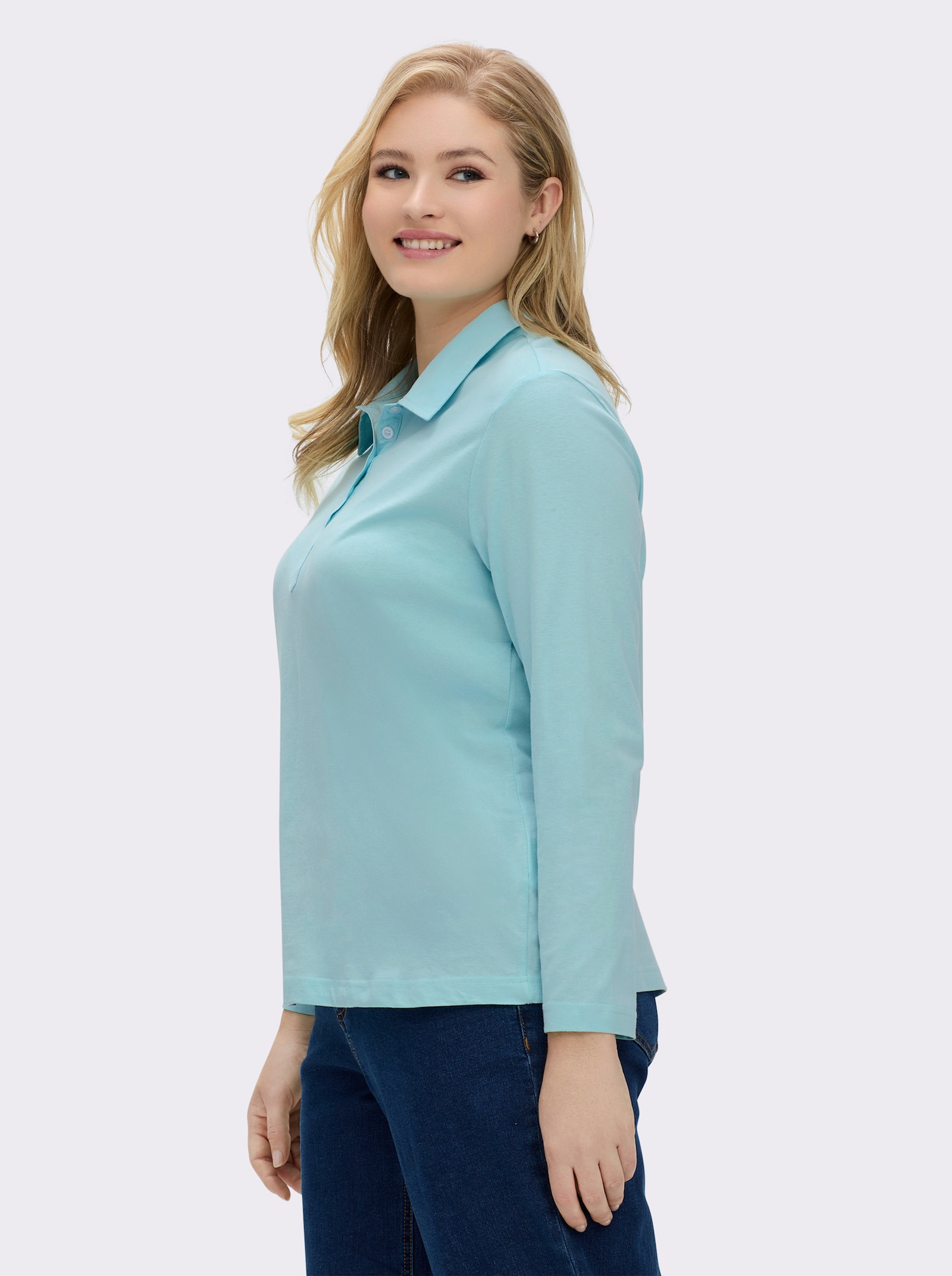 Langarm-Poloshirt in reiner Baumwoll-Qualität - türkis
