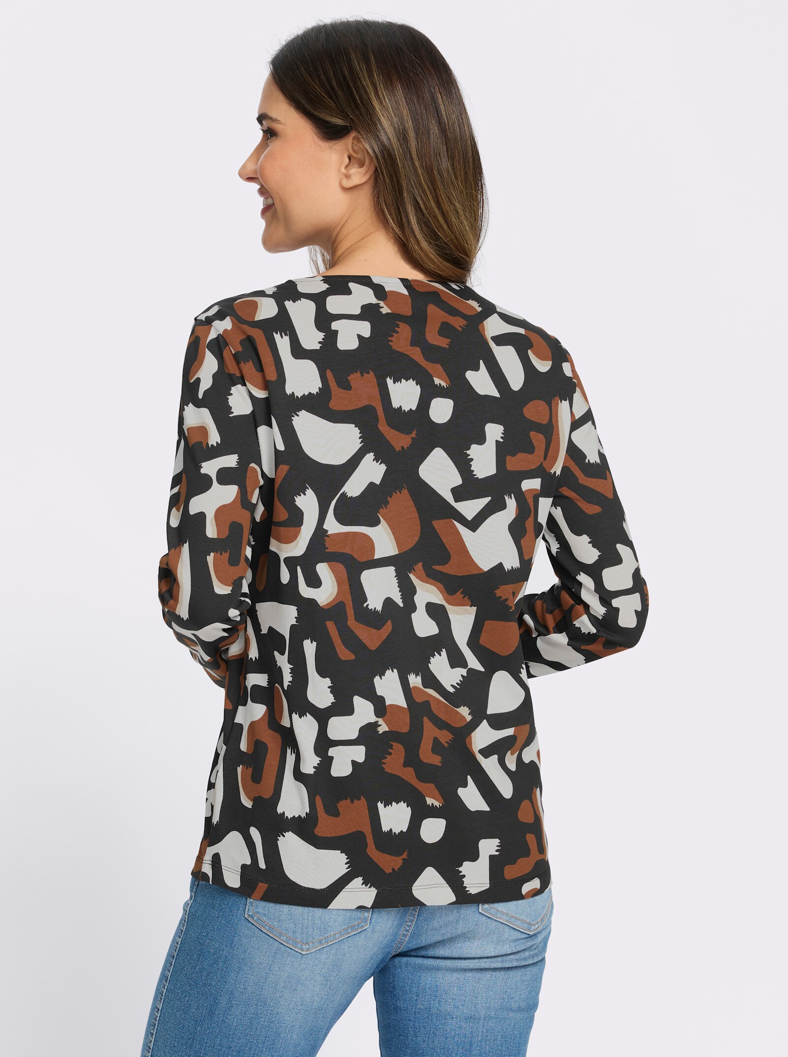 Langarmshirt mit grafischem Druck - schwarz-cognac-bedruckt