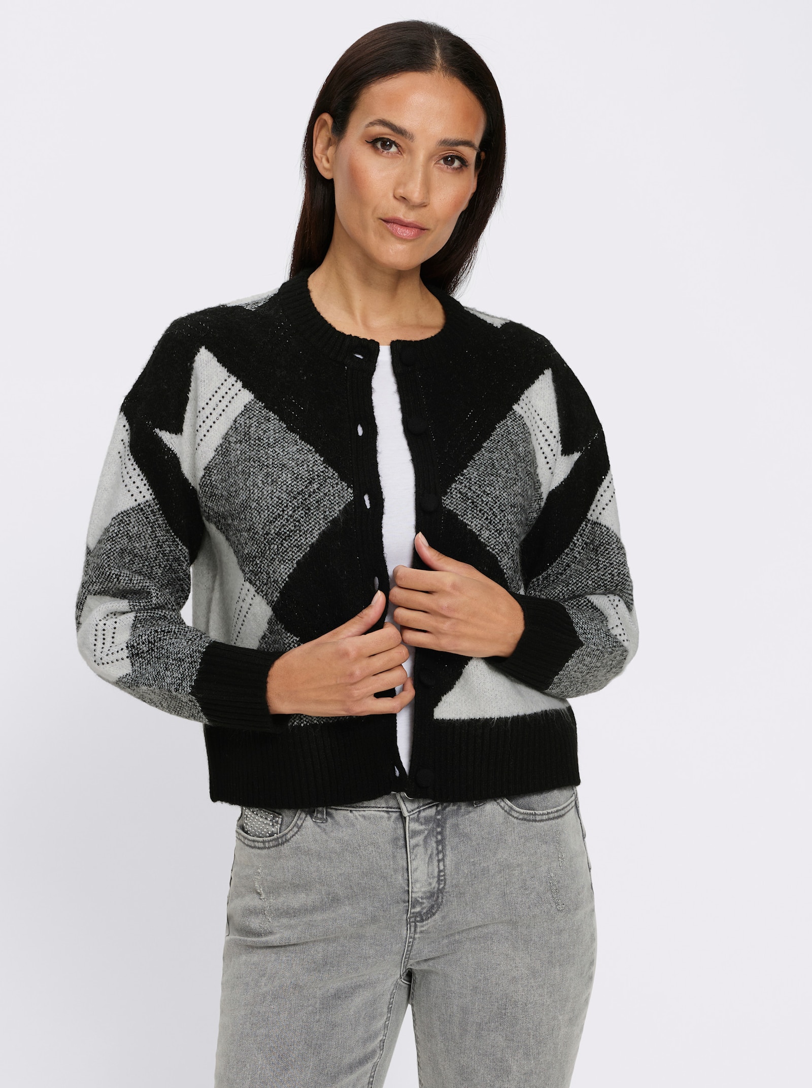 heine Jacquardstrickjacke mit Ziersteinchen - schwarz-ecru-gemustert