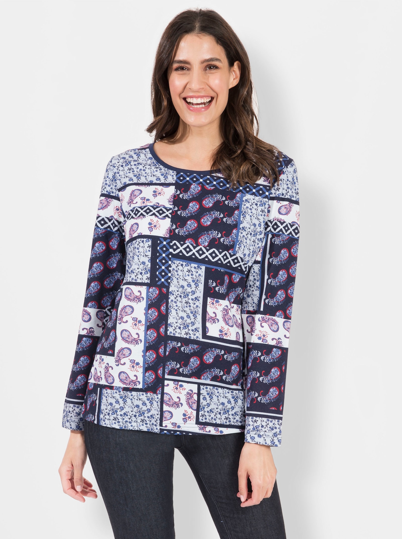 Langarmshirt im Patchwork-Dessin - marine-bedruckt