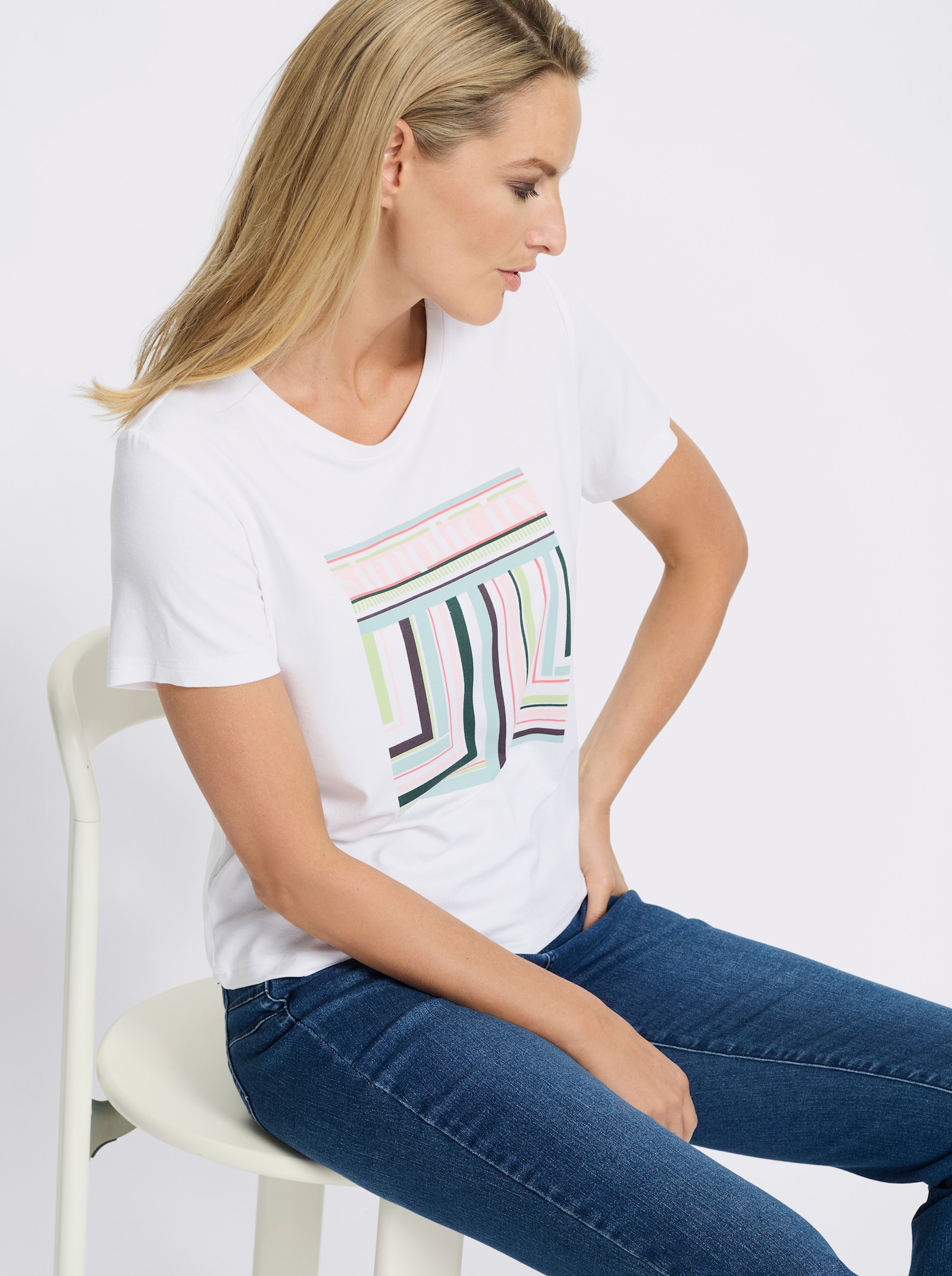 heine Kurzarmshirt mit grafischem Druck-Dessin - weiß-kalkmint