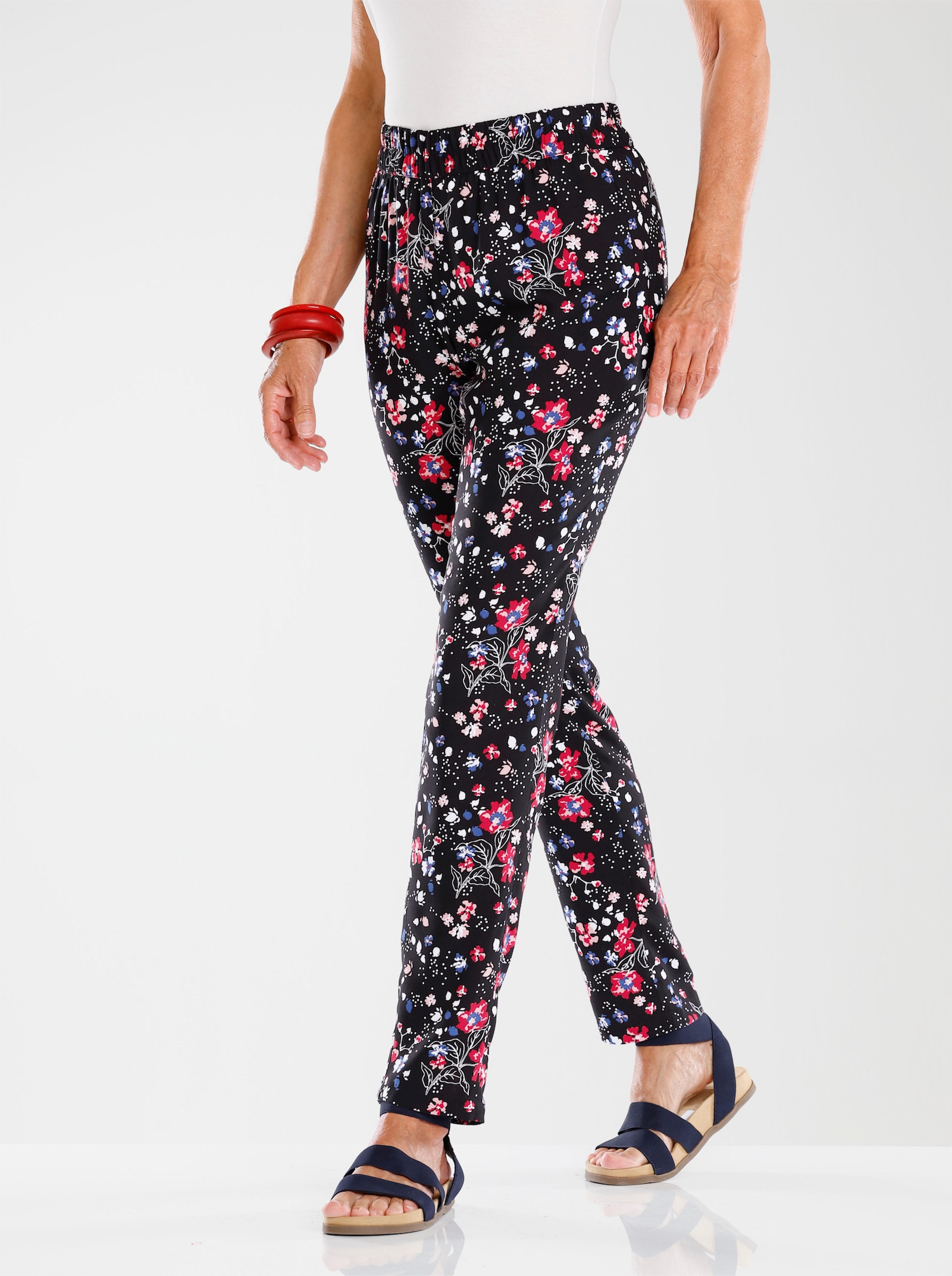 Schlupfhose mit floralem Druck - schwarz-erdbeere-bedruckt