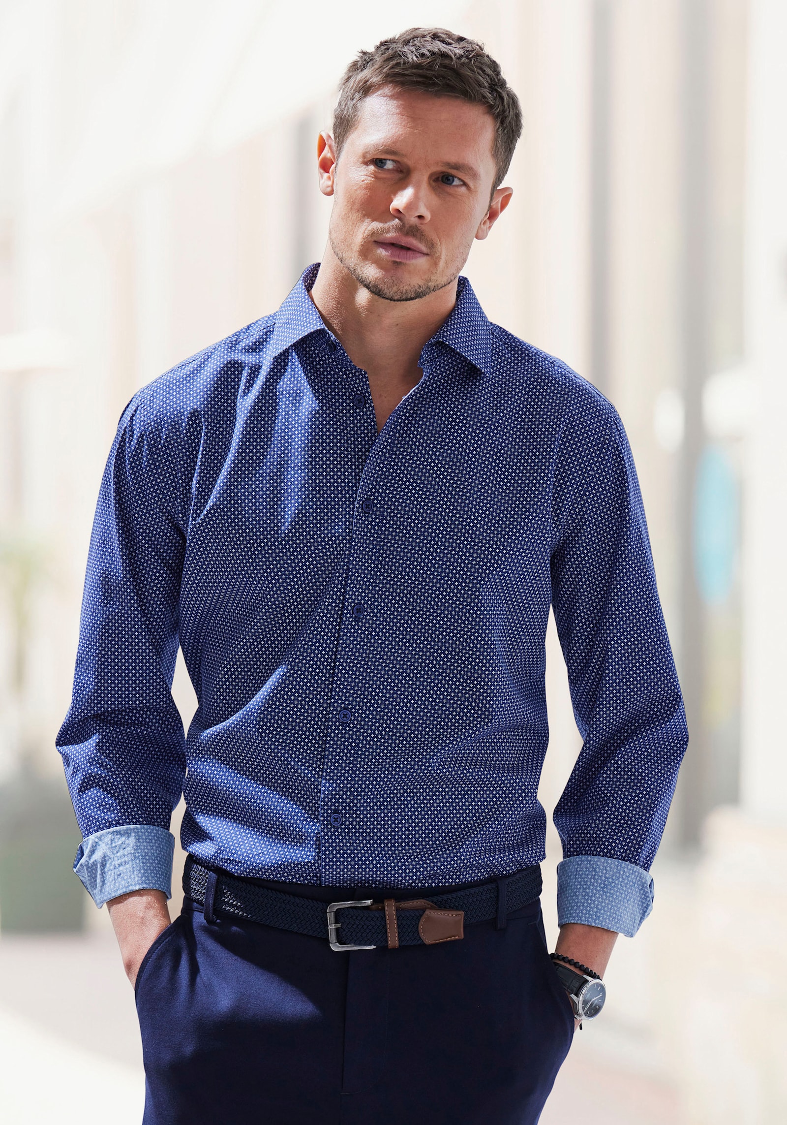 H.I.S Langarmhemd - navy-bedruckt