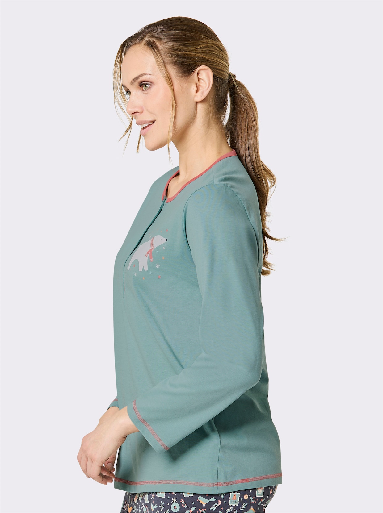 Comtessa Schlafanzugshirt mit kontrastfarbigen Ziernähten - ozean-koralle