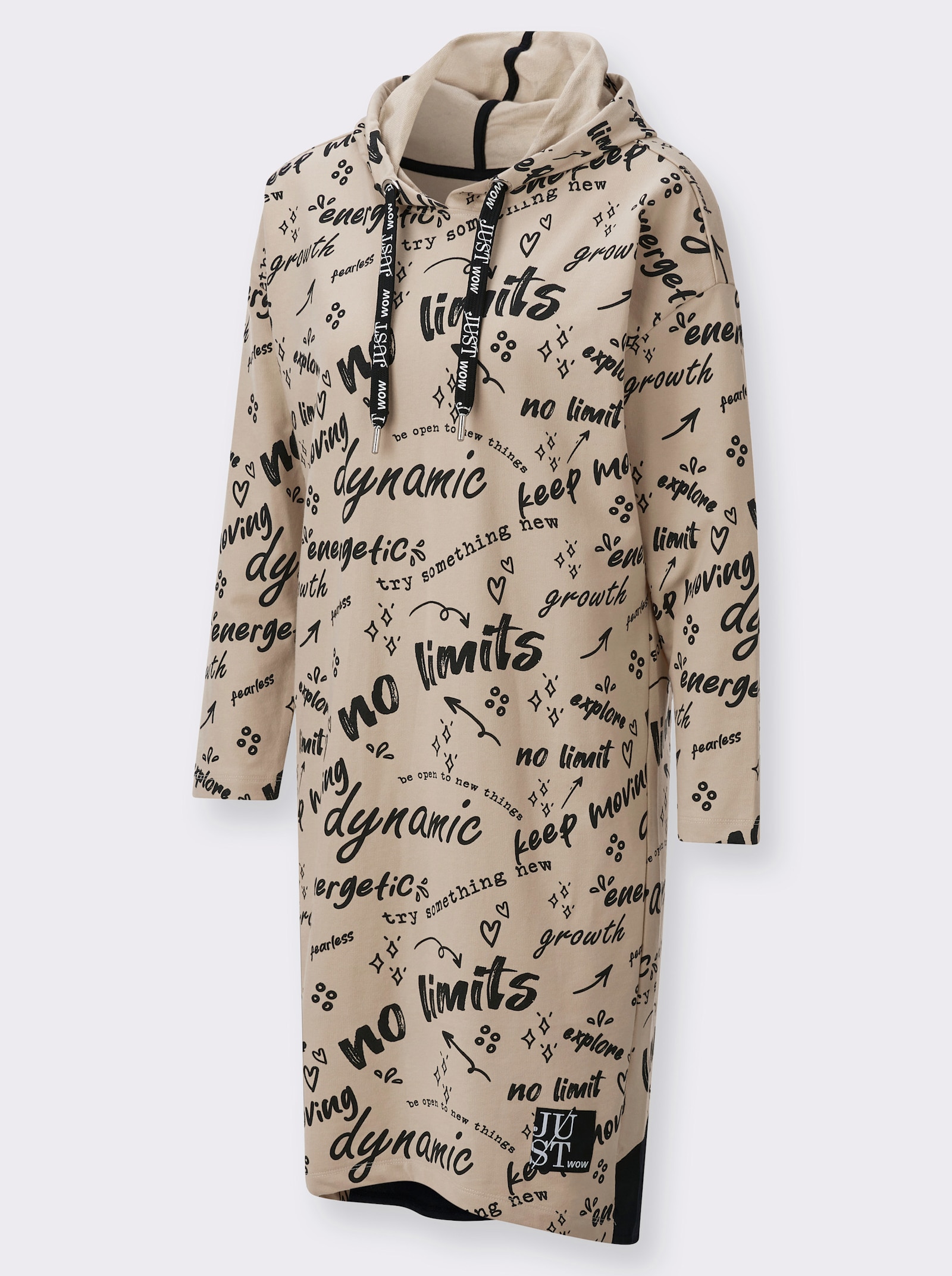 Hoodykleid mit Schriftzügen rundum - sand-schwarz-bedruckt