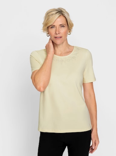 Rundhalsshirt mit Steinchenverzierung am Ausschnitt - vanille