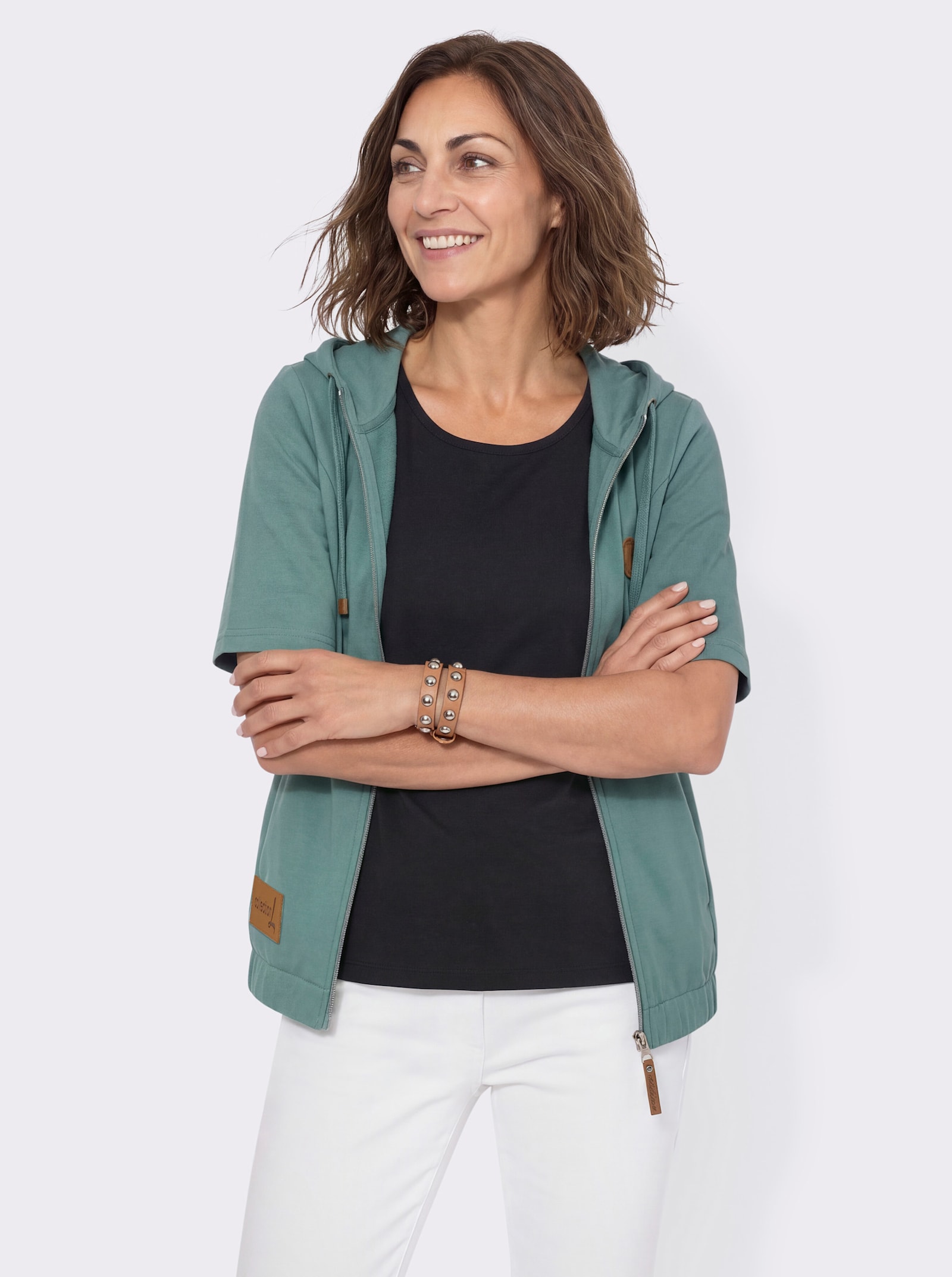 Shirtjacke mit Kapuze und Halbärmeln - jade