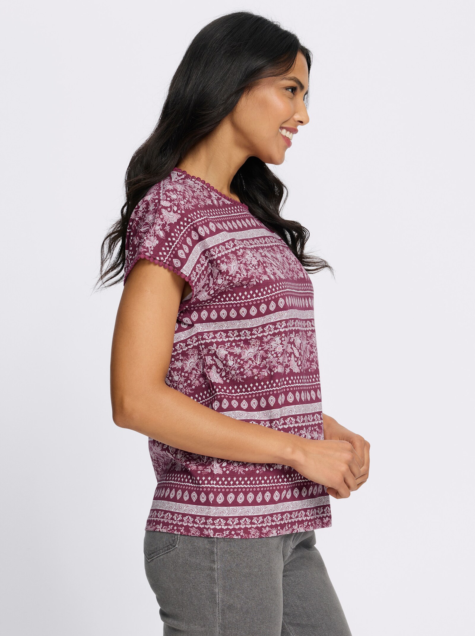 Kurzarmshirt mit überschnittenen Schultern - malve-rosenquarz-bedruckt