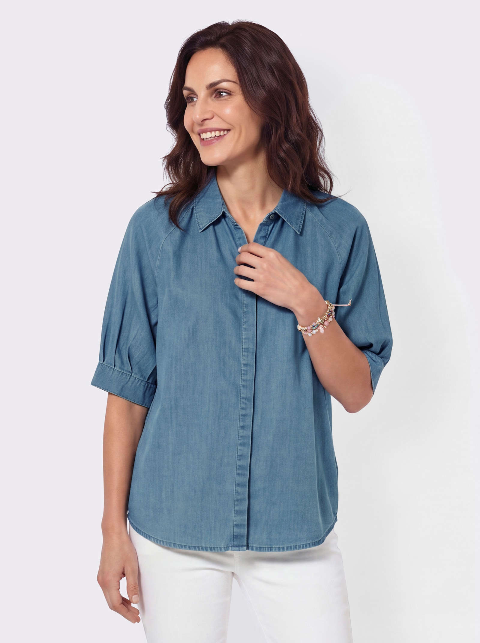 Jeansbluse mit verdeckter Knopfleiste - blue-bleached