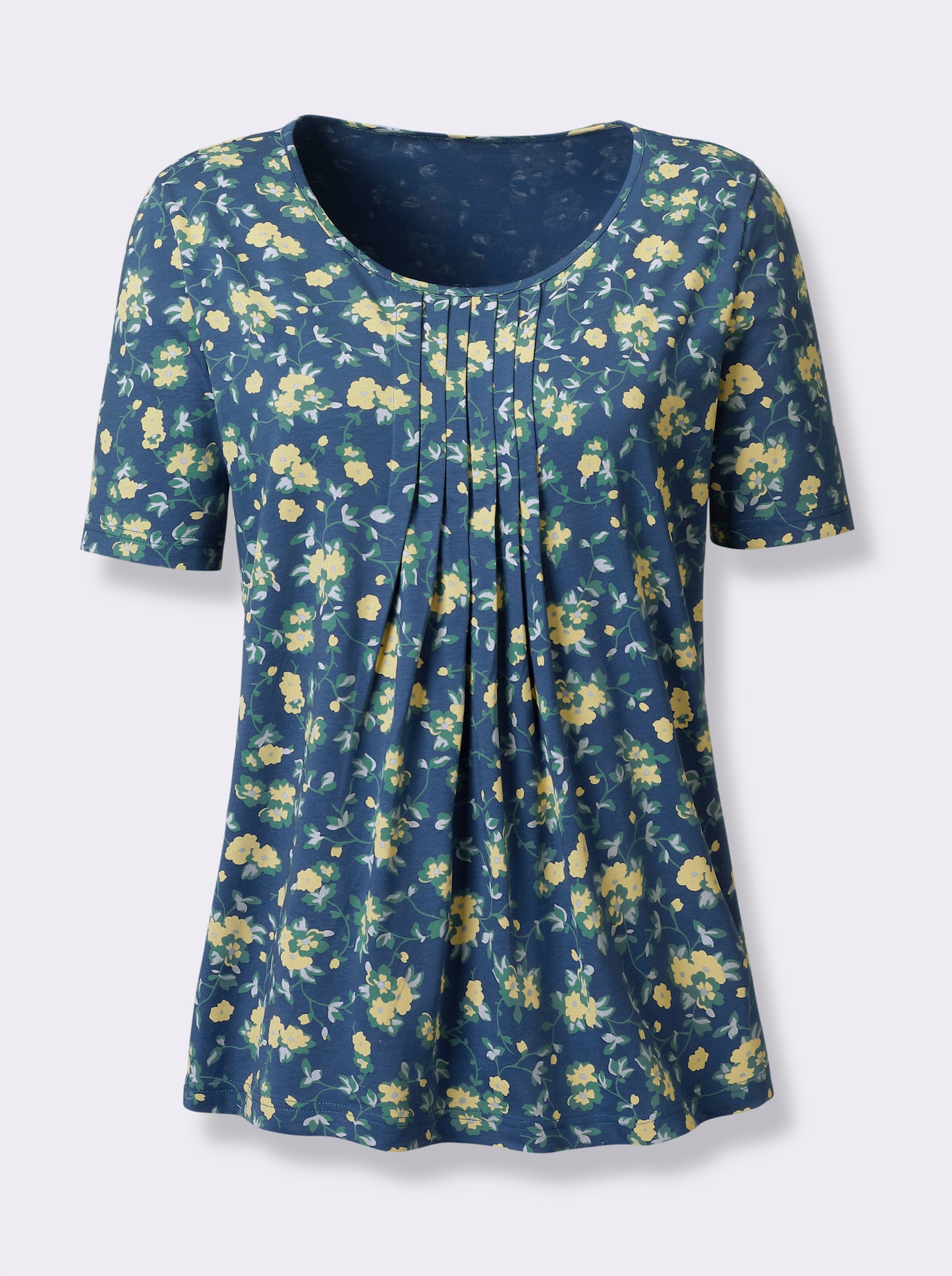 Kurzarmshirt mit Falten im Vorderteil - jeansblau-bedruckt