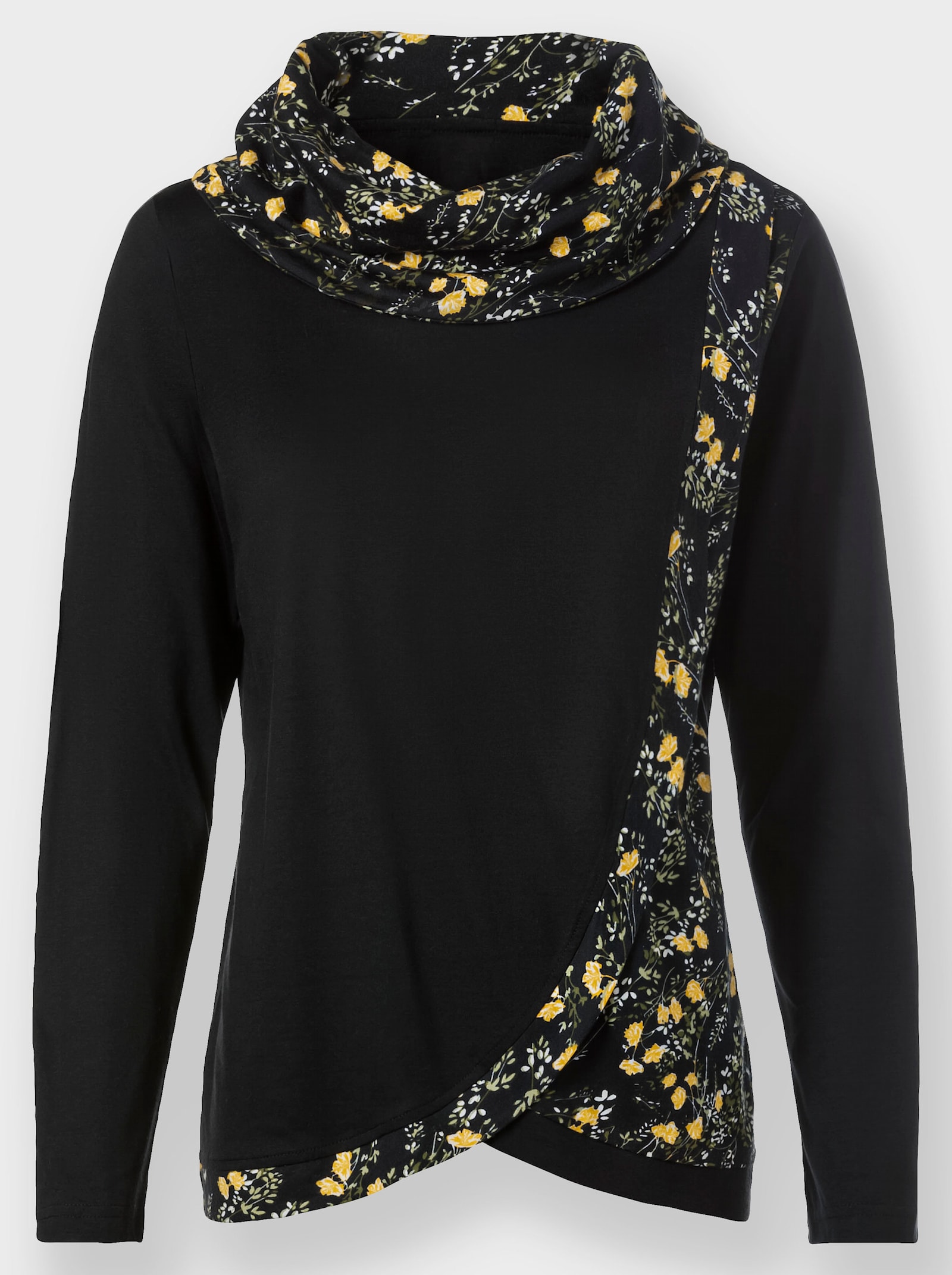 Print-Shirt in Wickeloptik mit halsfernem Rollkragen - schwarz-ocker-bedruckt