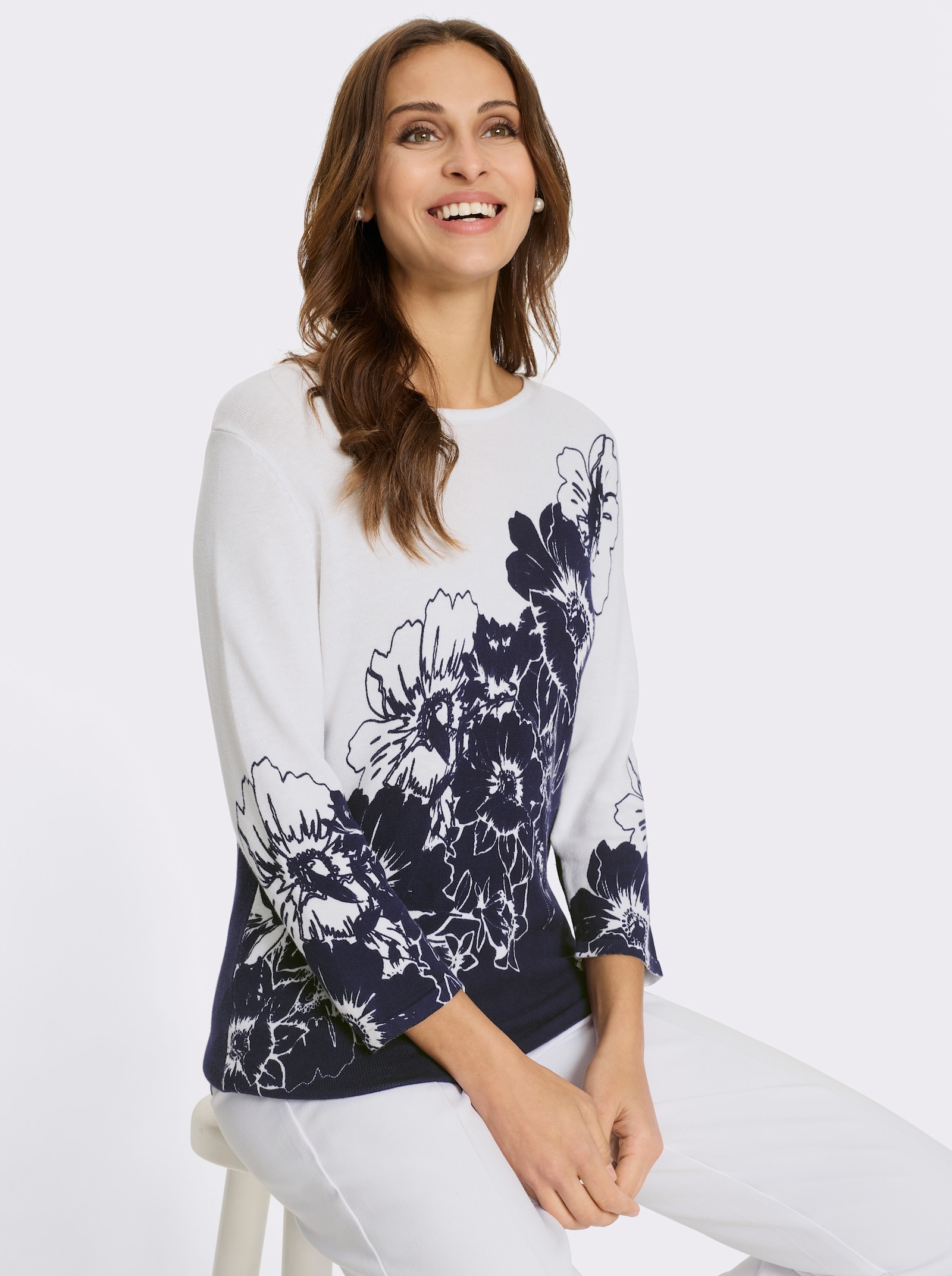 3/4 Arm-Pullover mit floralem Allover-Print - weiß-marine-bedruckt