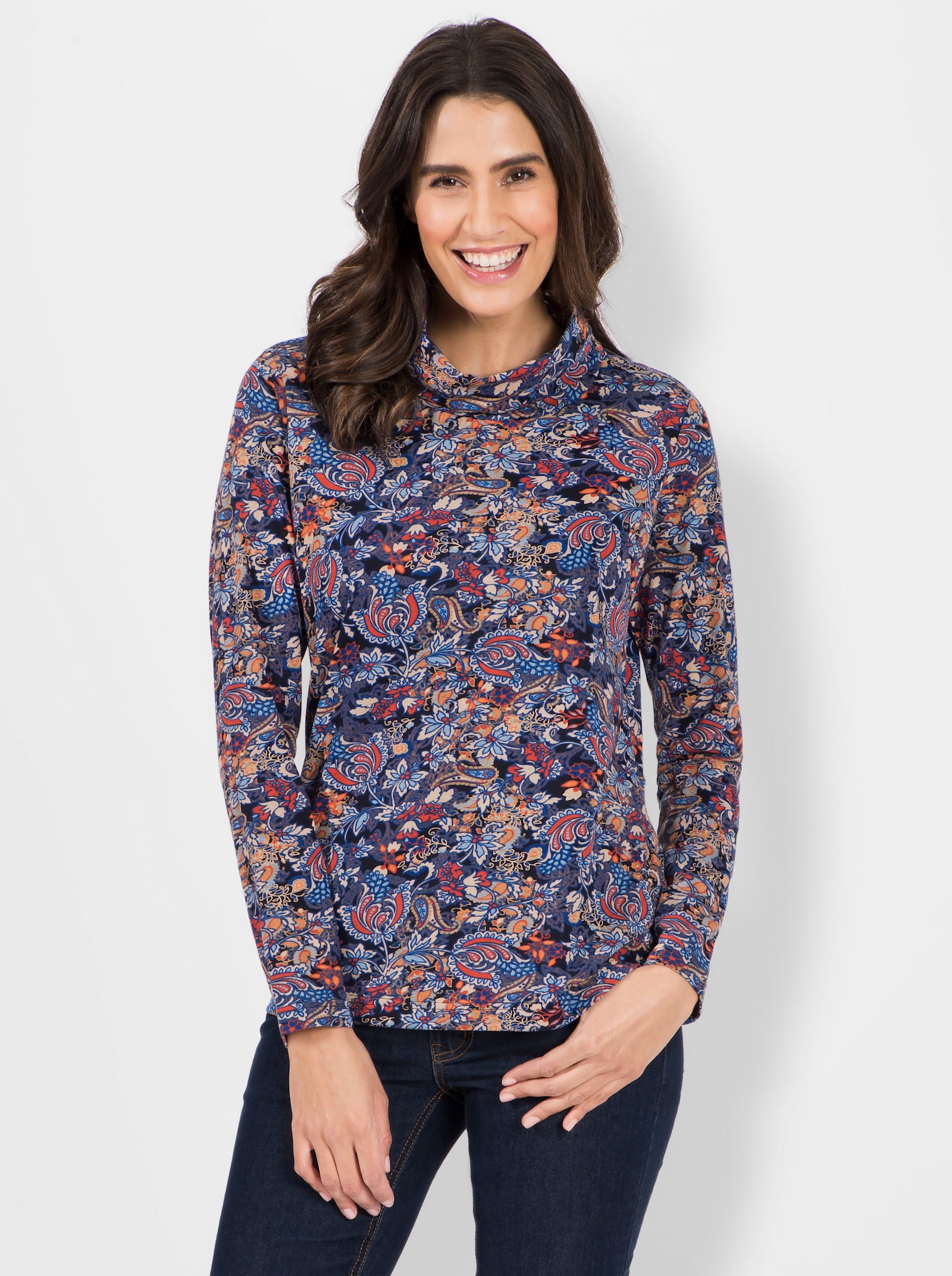 Rollkragenshirt im floralen Druckmuster - marine-terra-bedruckt