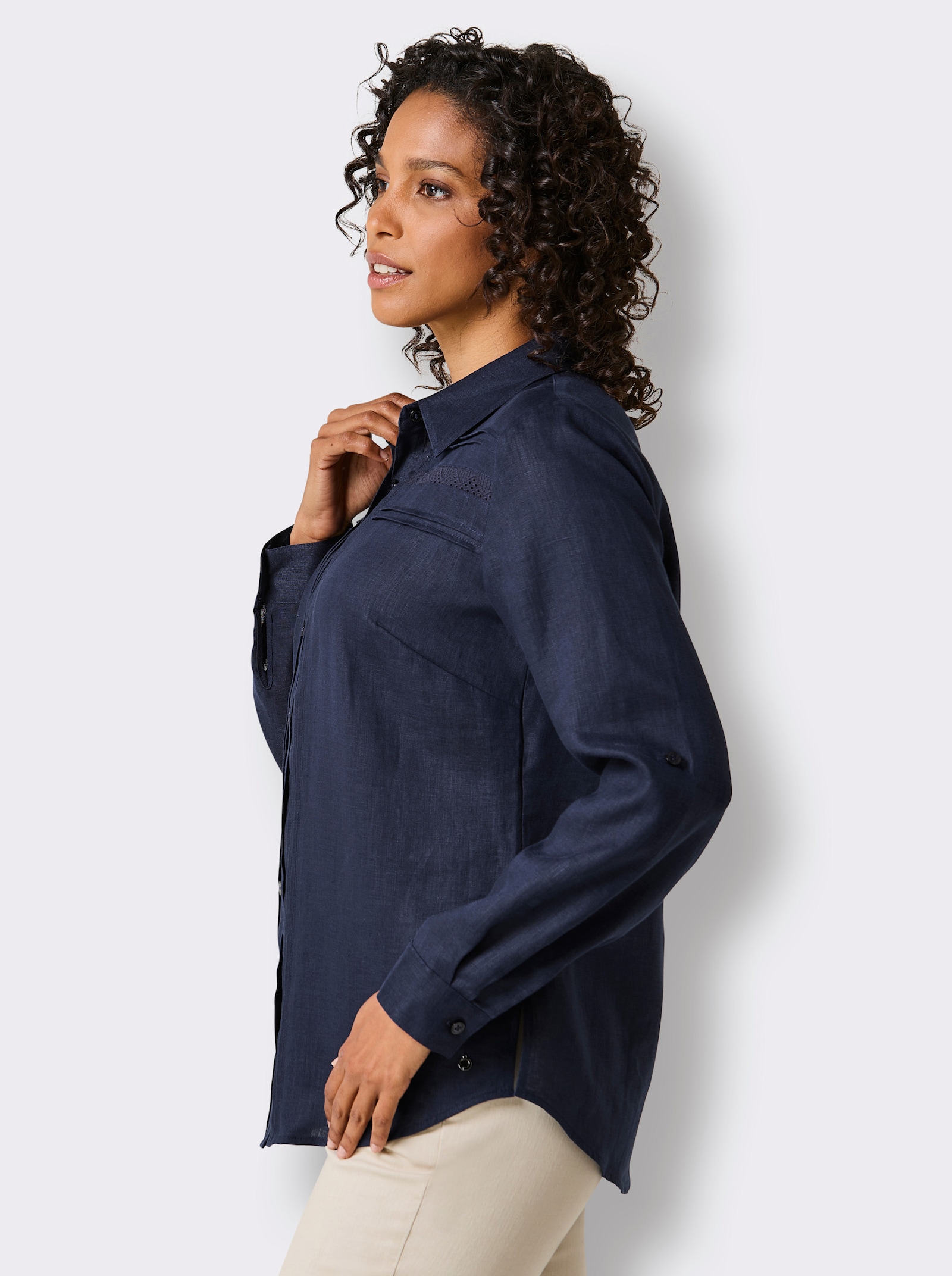 CREATION L PREMIUM Leinenbluse mit Spitze und Biesen - marine