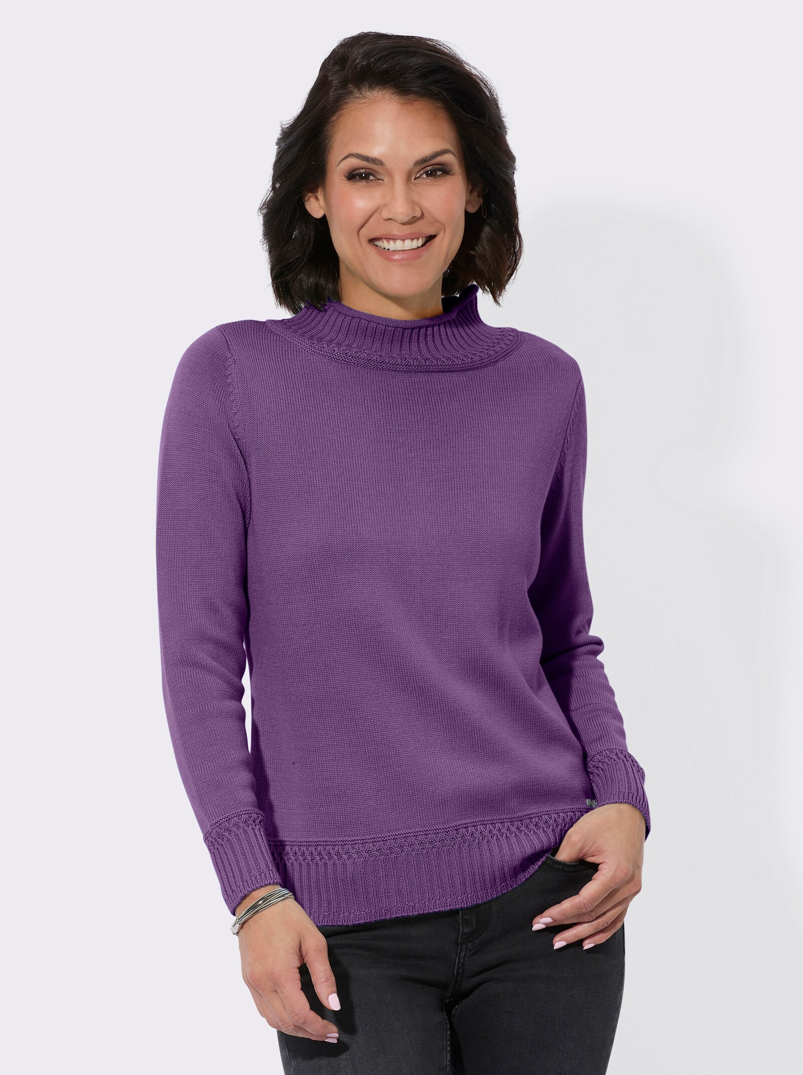 Stehkragenpullover mit Ripp-Abschlüssen - lila
