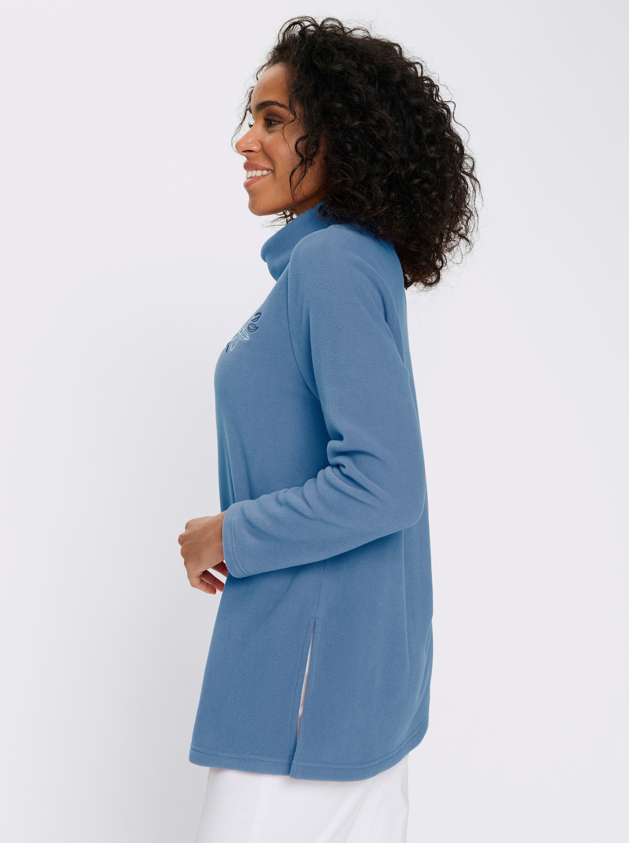 Fleeceshirt in Longform mit Stehkragen - mittelblau