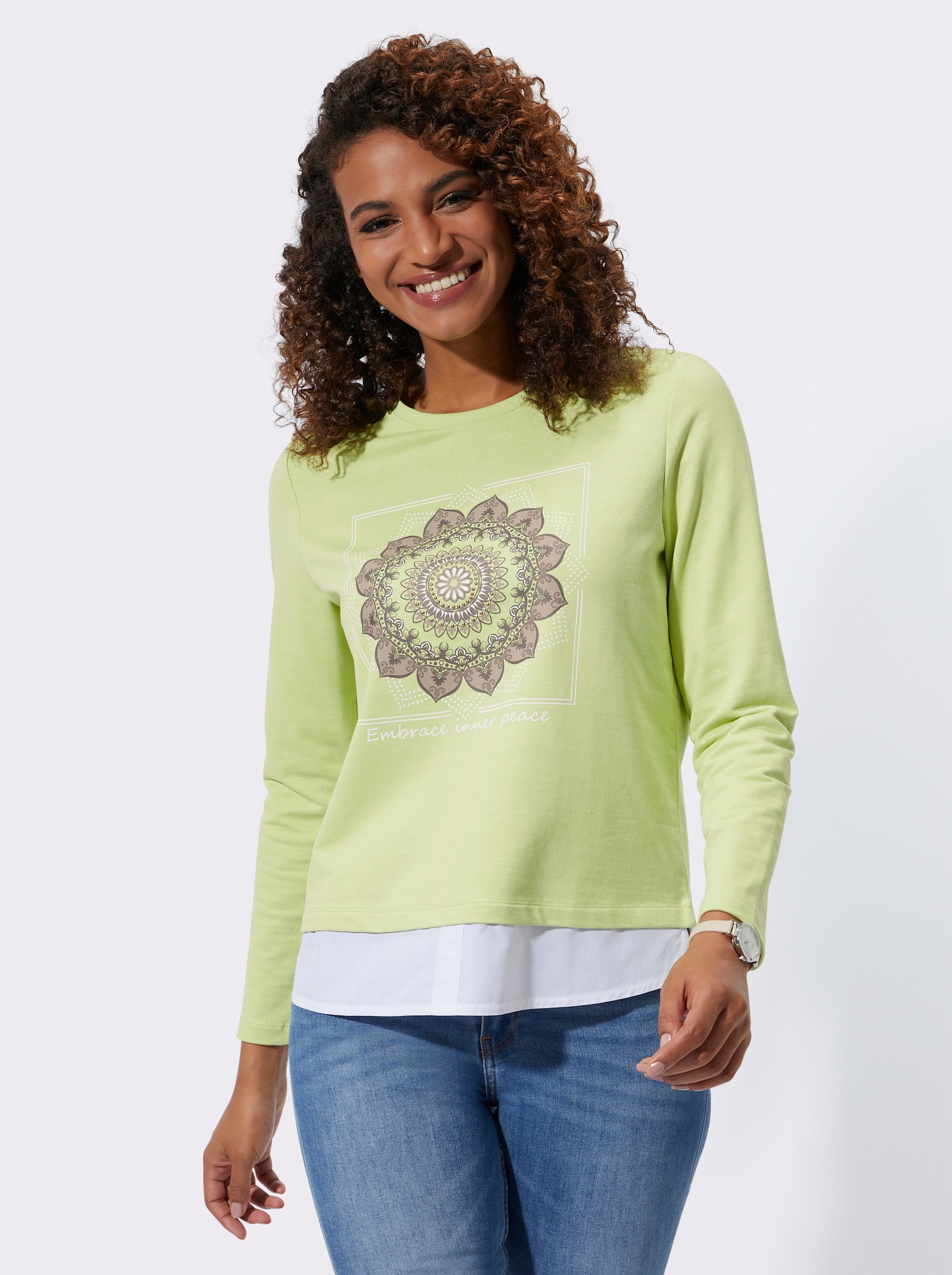 2-in-1-Langarmshirt mit Blusenstoff-Saum - pistazie