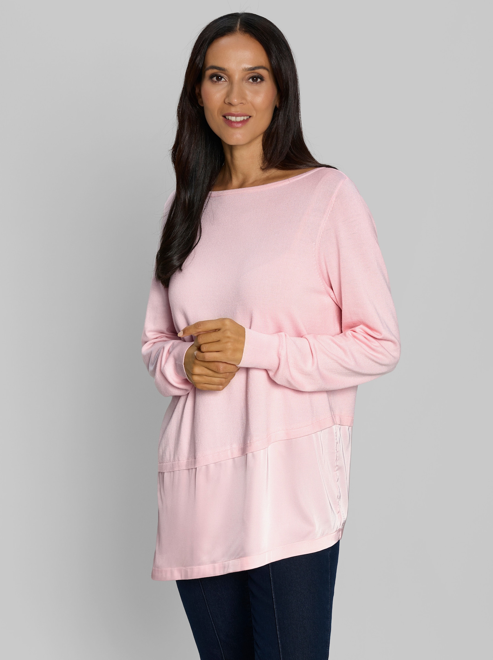 heine Longpullover mit Bluseneinsatz aus Satin - hellrosé